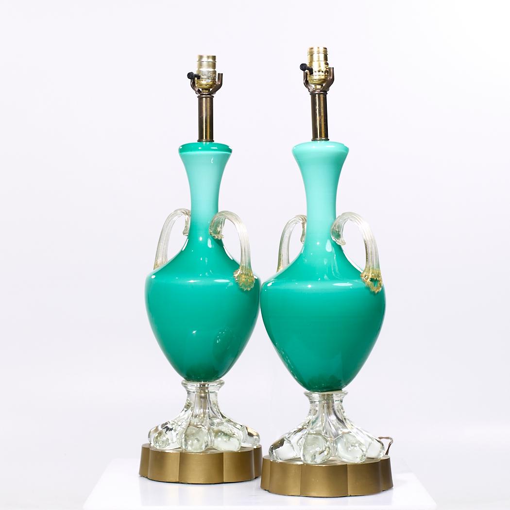 Mid-Century Modern Mid Century Italian Murano Teal Cased-Glass Double-Handled Urn-Form Lamps - Pair For Sale
