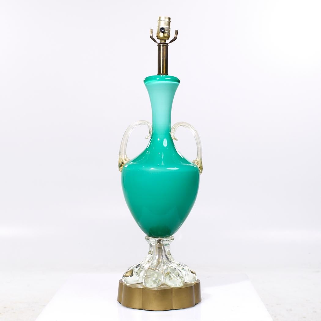 Mid Century Italian Murano Teal Cased-Glass Double-Handled Urn-Form Lamps - Pair In Good Condition For Sale In Countryside, IL