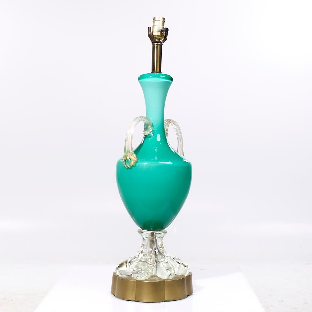 20th Century Mid Century Italian Murano Teal Cased-Glass Double-Handled Urn-Form Lamps - Pair For Sale