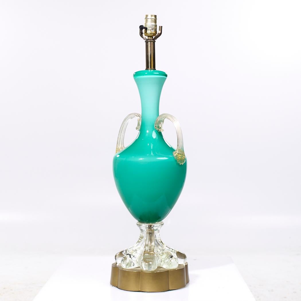 Murano Glass Mid Century Italian Murano Teal Cased-Glass Double-Handled Urn-Form Lamps - Pair For Sale