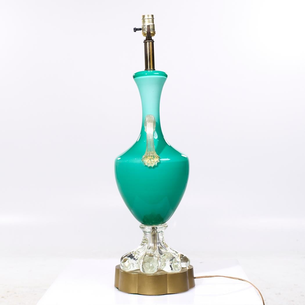 Mid Century Italian Murano Teal Cased-Glass Double-Handled Urn-Form Lamps - Pair For Sale 1
