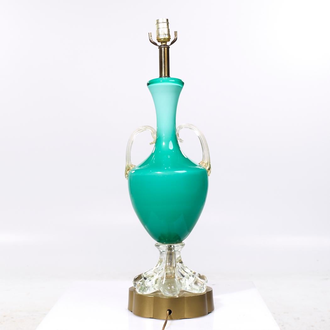 Mid Century Italian Murano Teal Cased-Glass Double-Handled Urn-Form Lamps - Pair For Sale 2