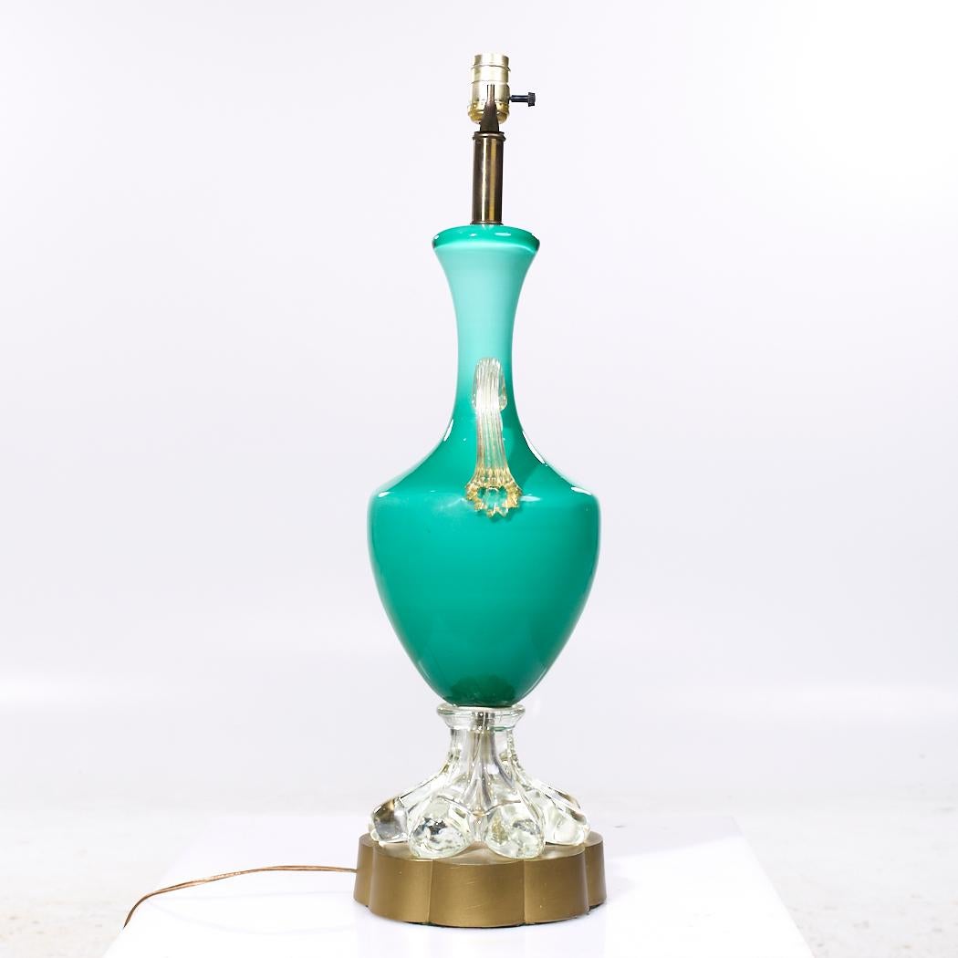 Mid Century Italian Murano Teal Cased-Glass Double-Handled Urn-Form Lamps - Pair For Sale 3