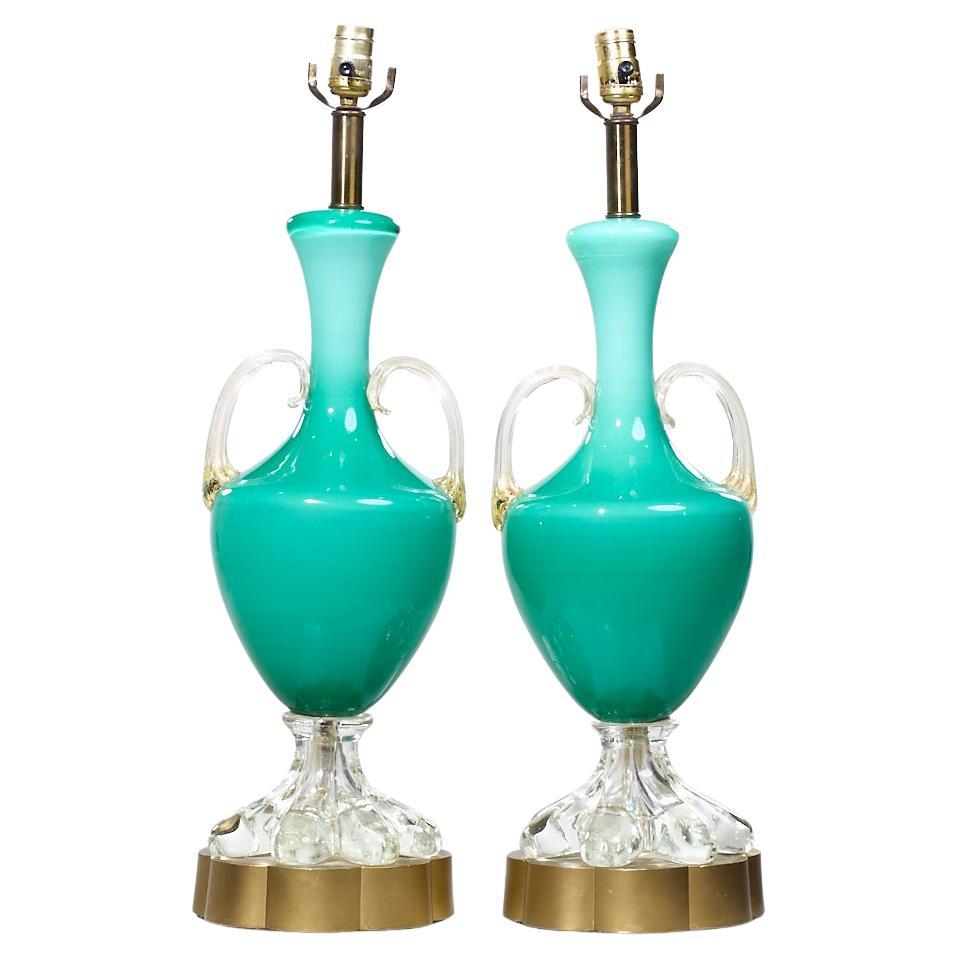 Mid Century Italian Murano Teal Cased-Glass Double-Handled Urn-Form Lamps - Pair For Sale