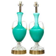 Mid Century Italian Murano Teal Cased-Glass Double-Handled Urn-Form Lamps - Pair