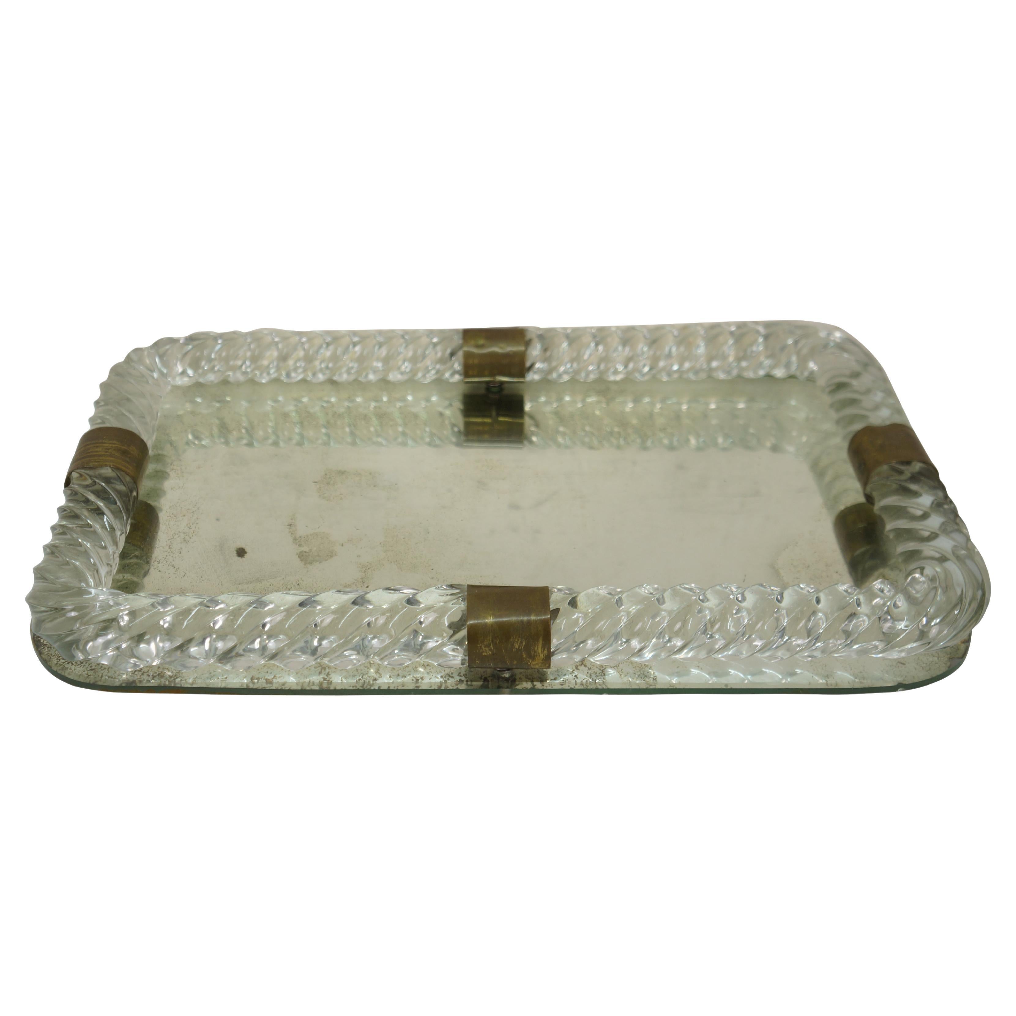 Mid Century Italian Murano Twisted Rope Glass Mirrored Vanity Tray 16" For Sale