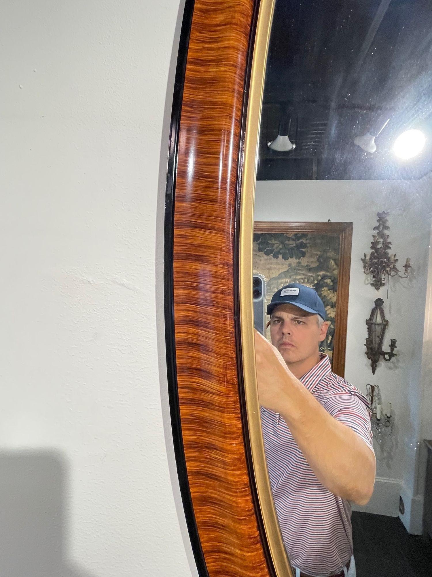 Mid Century Italian Narrow Oval Mirror with Faux Wood and Ebony Finish In Good Condition For Sale In Dallas, TX