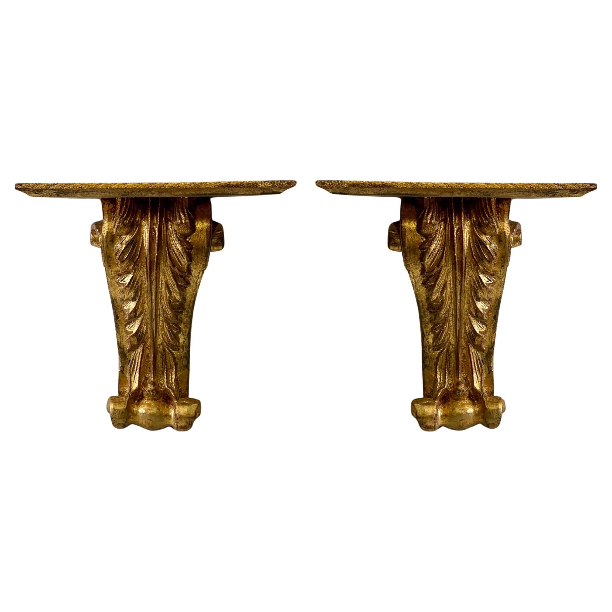 Mid-Century Italian Neo-Classical Style Carved Giltwood Wall Brackets - Pair  For Sale