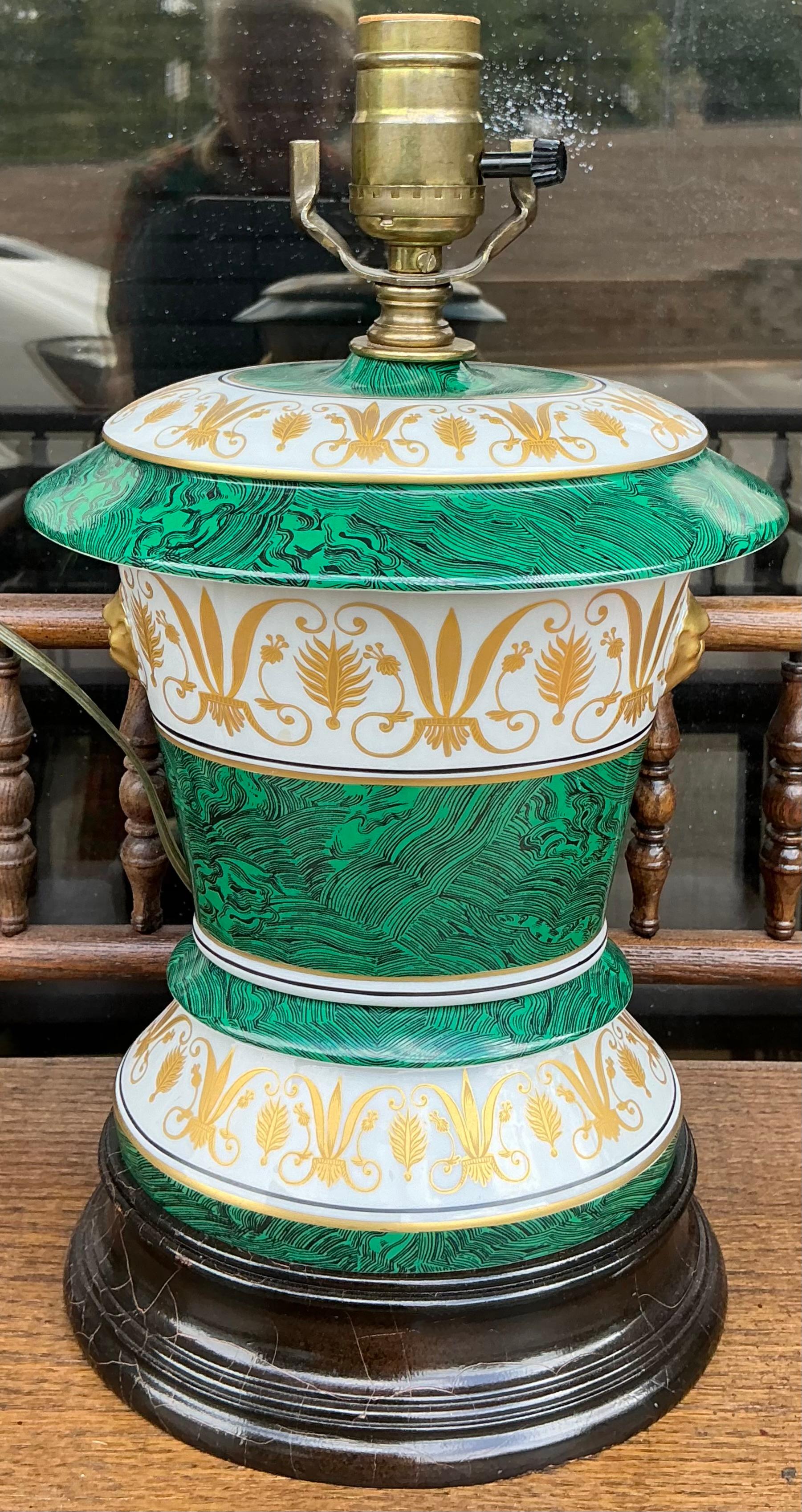 20th Century Mid-Century Italian Neo-Classical Style Faux Malachite & Gilt Table Lamp For Sale