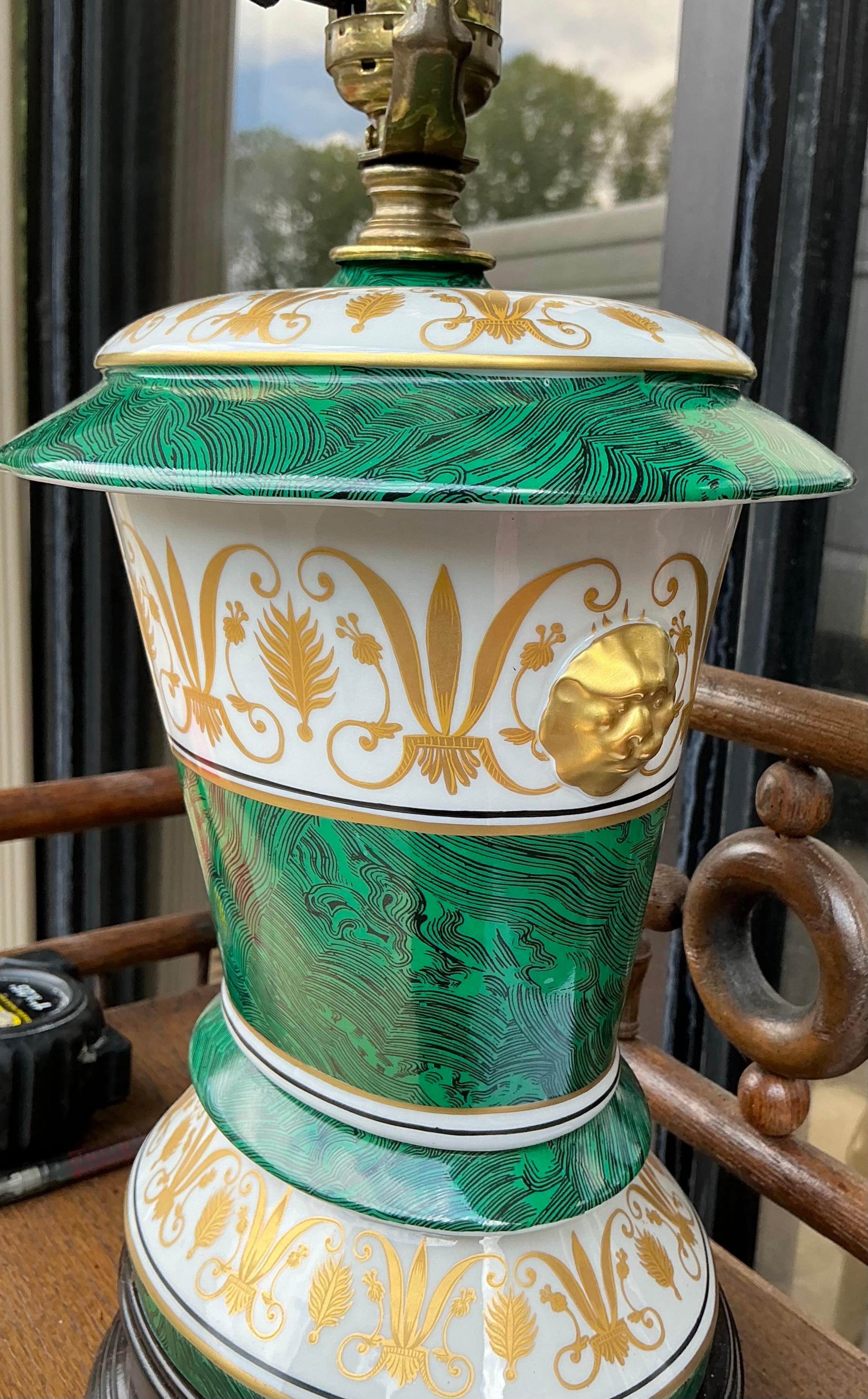 Porcelain Mid-Century Italian Neo-Classical Style Faux Malachite & Gilt Table Lamp For Sale