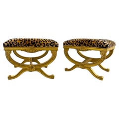 Mid-Century Italian Neo-Classical Style Giltwood & Leopard Velvet Ottomans Pair