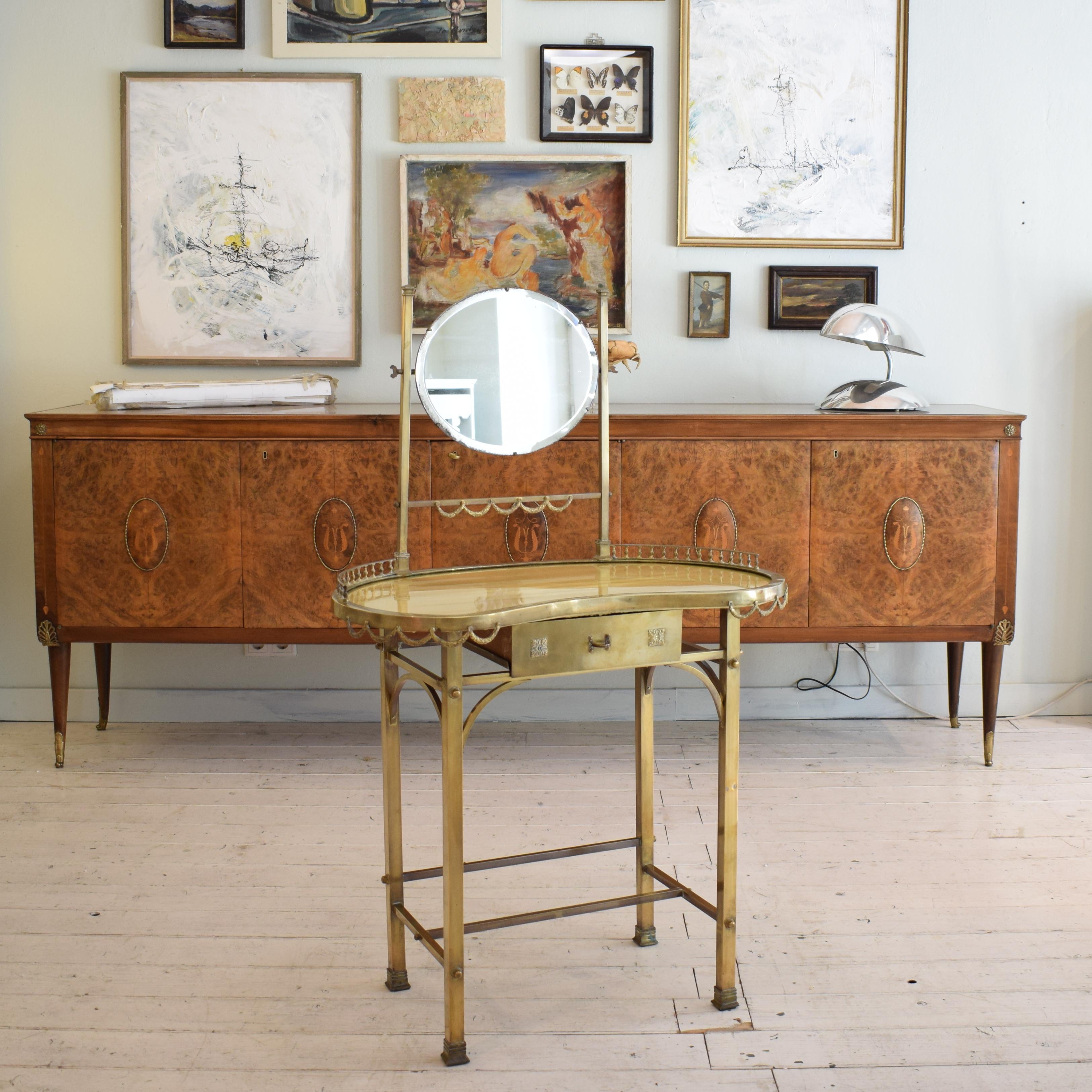 Mid-Century Modern Midcentury Italian Neoclassical Style Brass / Mirrored Dressing Table or Vanity