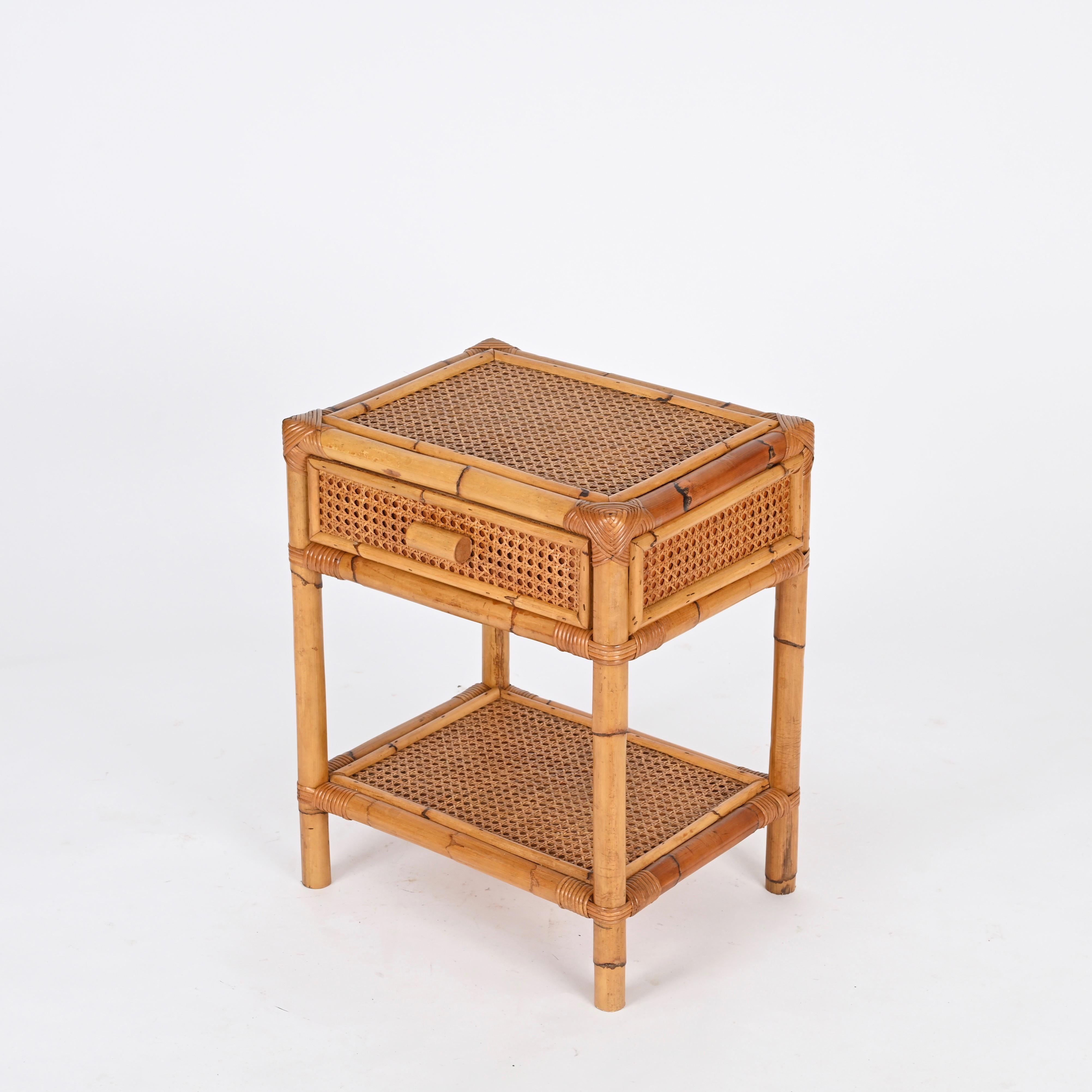 Mid-20th Century Mid-Century Italian Nightstand or Side Table in Bamboo, Rattan and Straw, 1960s For Sale