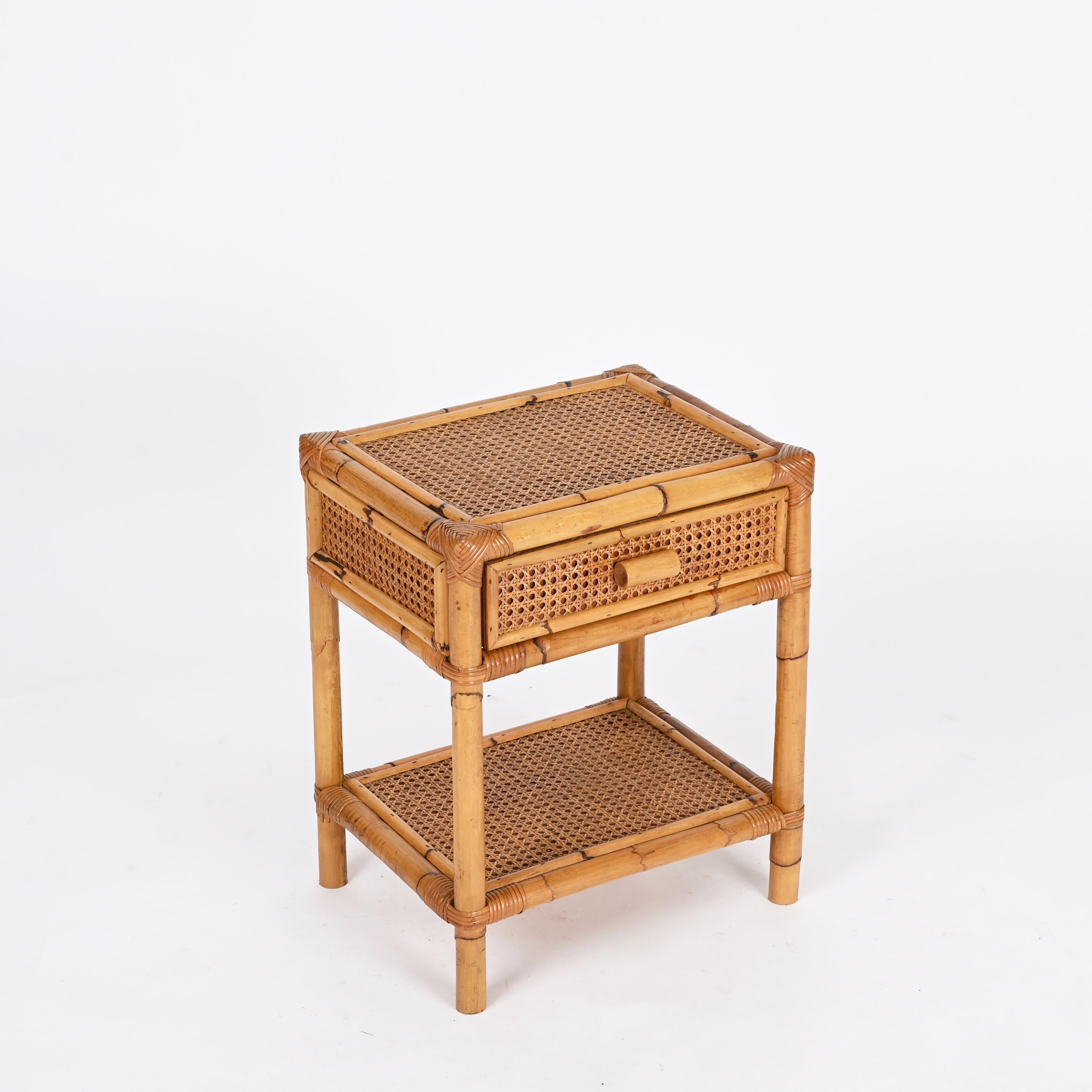 Wood Mid-Century Italian Nightstand or Side Table in Bamboo, Rattan and Straw, 1960s For Sale