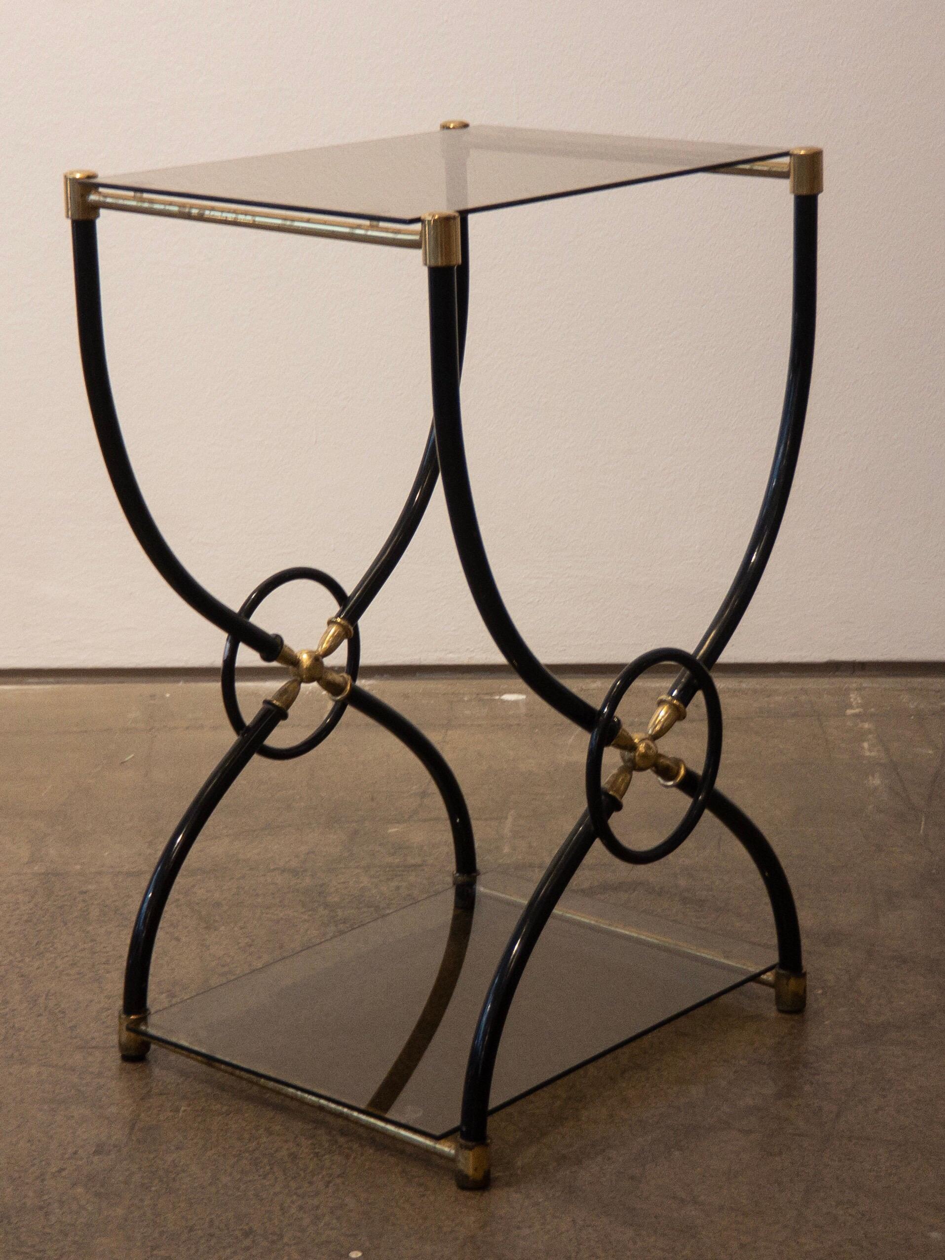 Patinated Midcentury Italian Nightstands with Brass Elements and Smoked Glass Plates