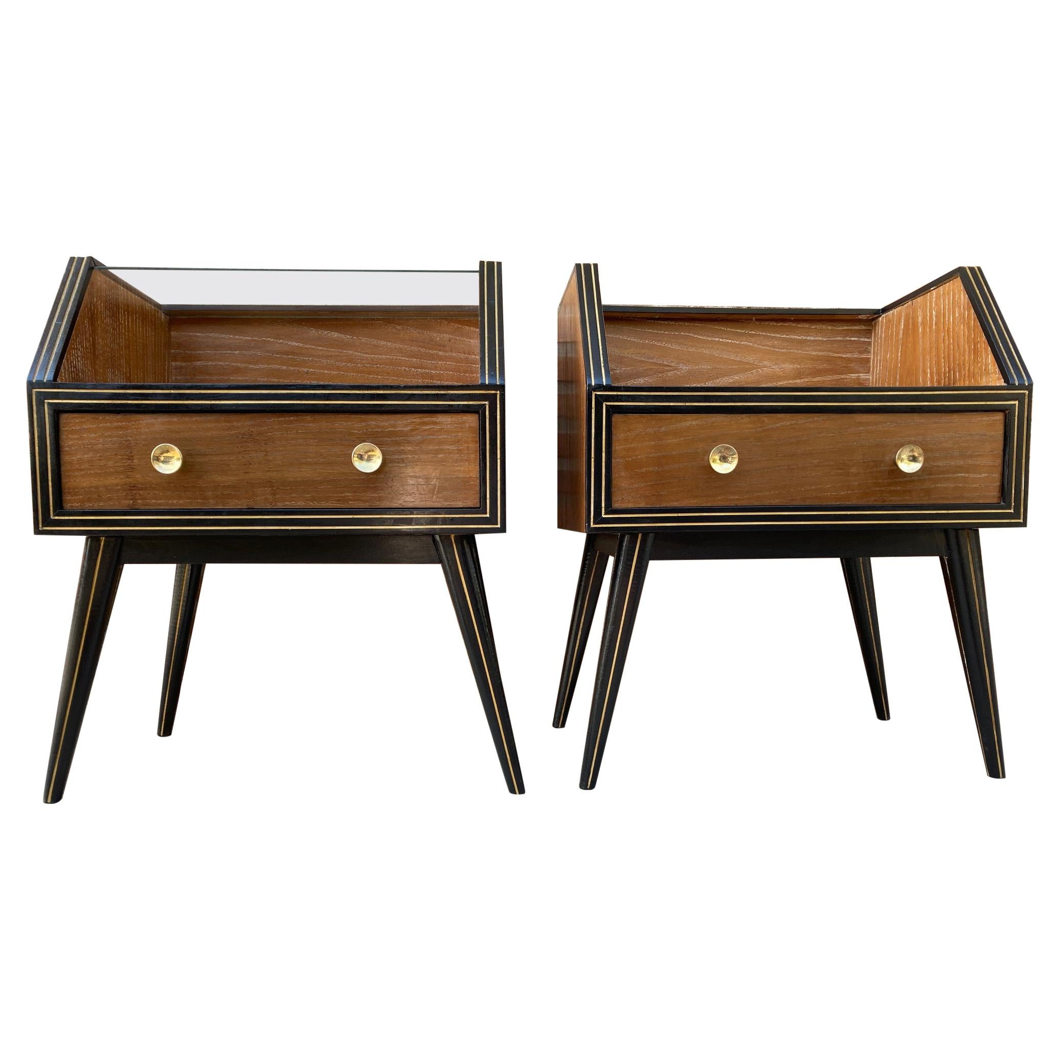 Mid Century Italian Nightstands with Glass, 1960s, Set of 2 For Sale