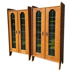 Mid-Century Italian Oak Vitrine Cabinet with Green Leaded Glass, circa 1950-1960
