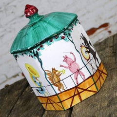 Midcentury Italian Octagonal Pottery Cookie Jar Decorated with an Animal Brass