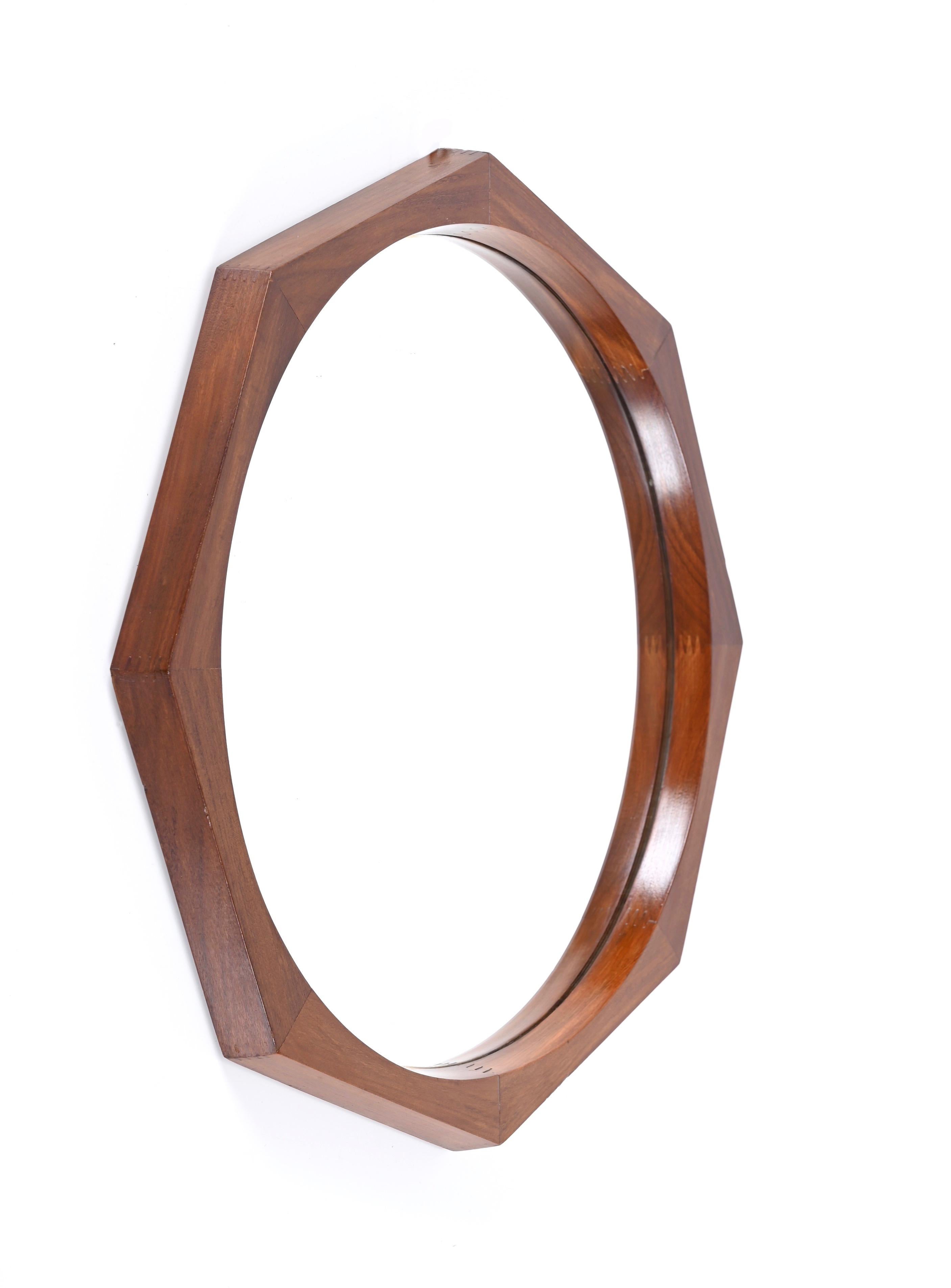 Carved Mid-Century Italian Octagonal Wall Mirror in Teak Wood, Campo & Graffi 1960s