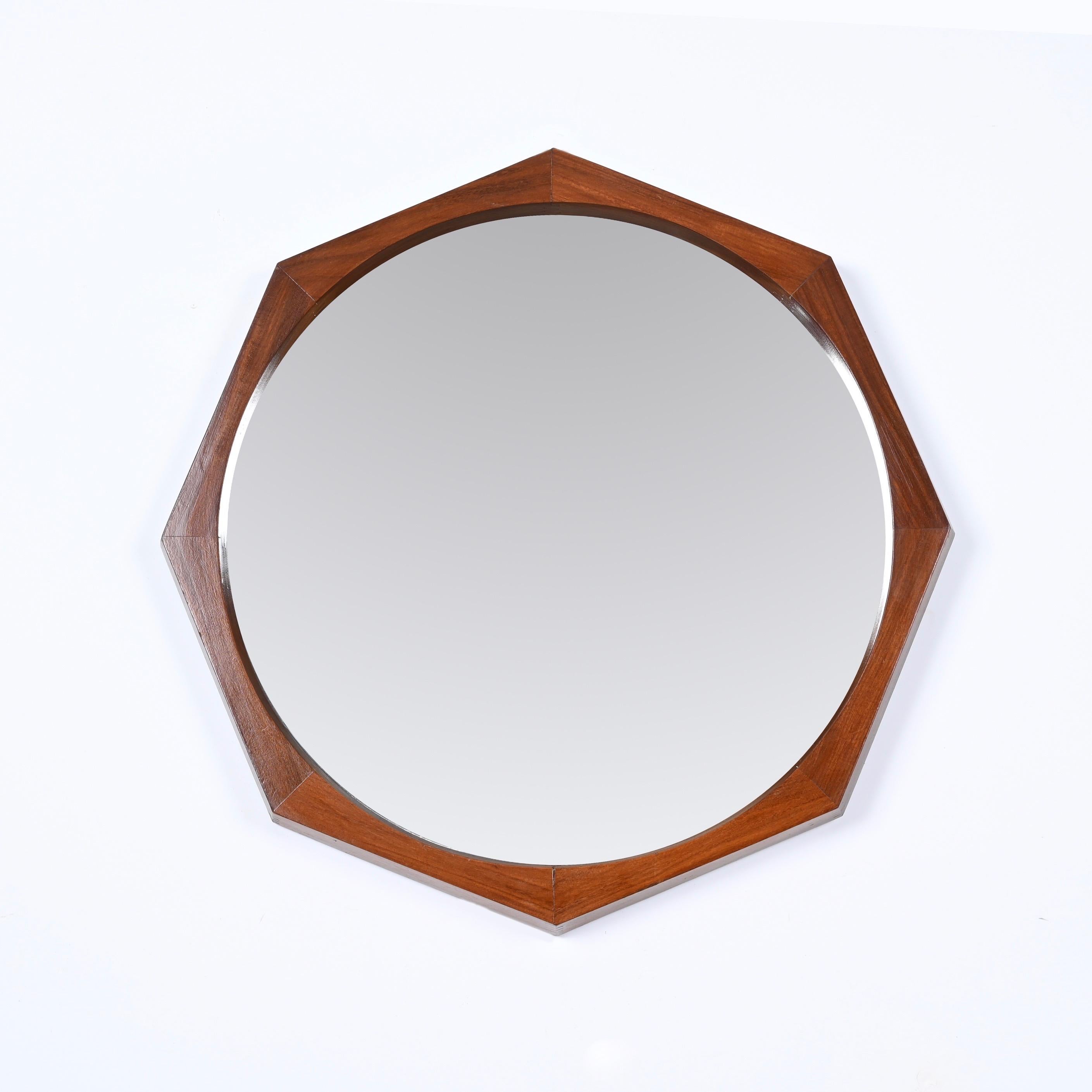 Mid-Century Italian Octagonal Wall Mirror in Teak Wood, Campo & Graffi 1960s 2