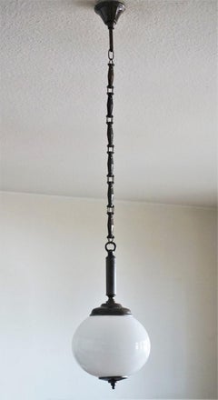 Midcentury Italian Opaline Glass and Burnisheds Brass Pendant, 1950-1959