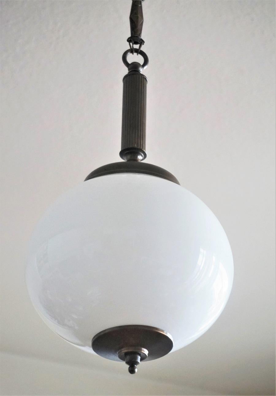 20th Century Midcentury Italian Opaline Glass and Burnisheds Brass Pendant, 1950-1959 For Sale