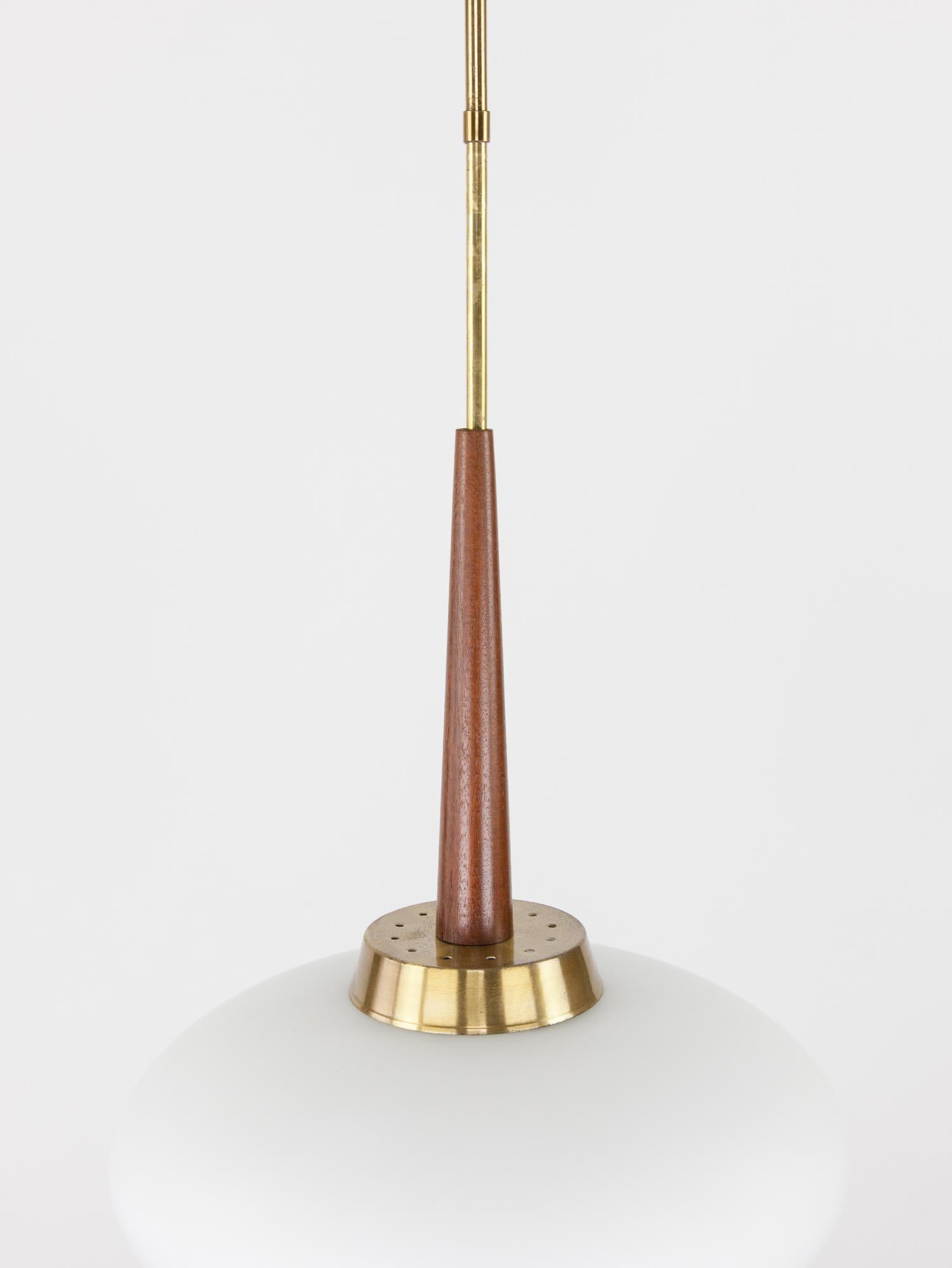 Mid-Century Modern Mid-Century Italian Opaline Glass, Brass & Teak Pendant, 1960s