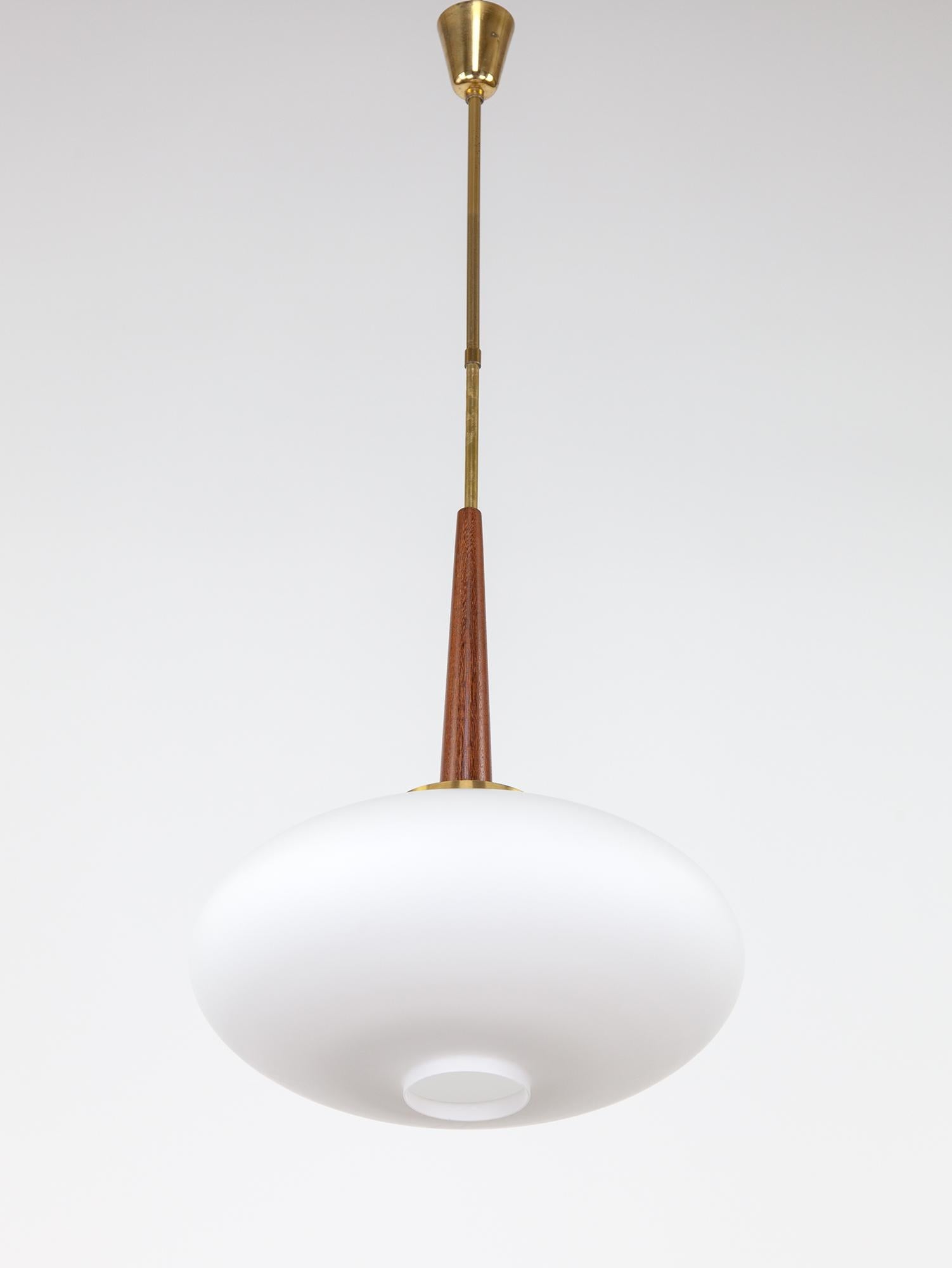 Mid-Century Italian Opaline Glass, Brass & Teak Pendant, 1960s In Good Condition In PRESTON, AU