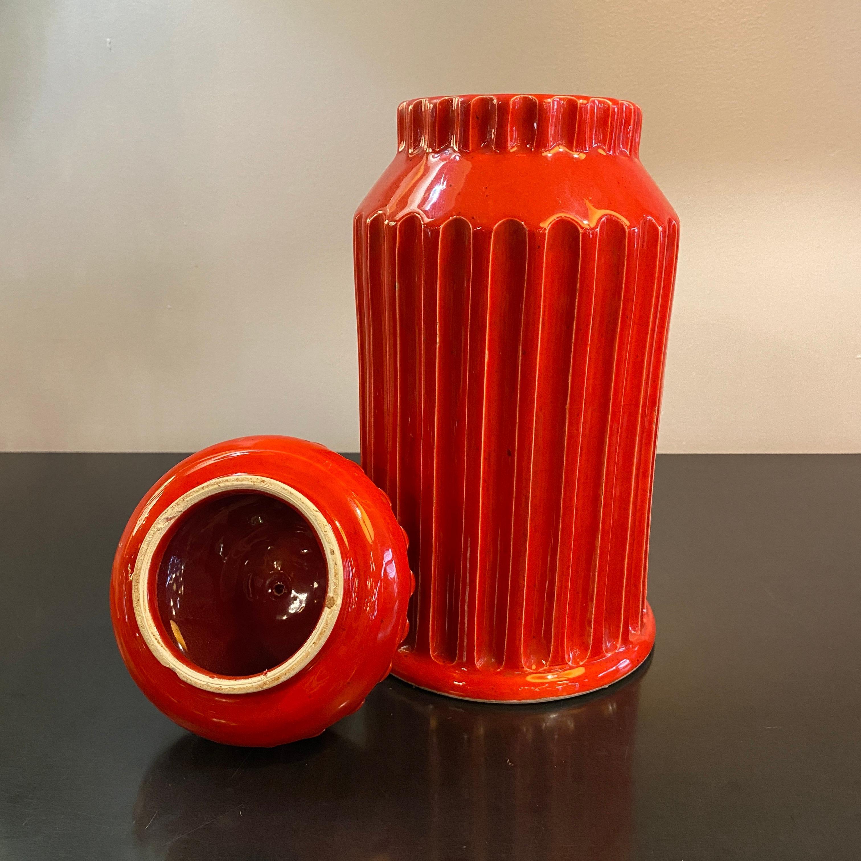 20th Century Mid-Century Italian Orange Moorish Art Pottery Jar For Sale