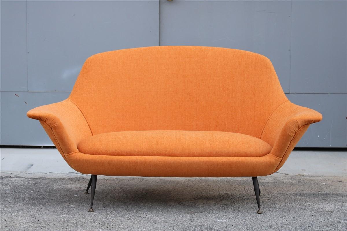 Midcentury Italian Orange Velvet Sofa Augusto Bozzi for Saporiti Attributed.