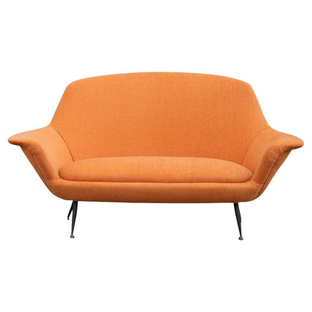 Midcentury Italian Orange Velvet Sofa Augusto Bozzi for Saporiti Attributed