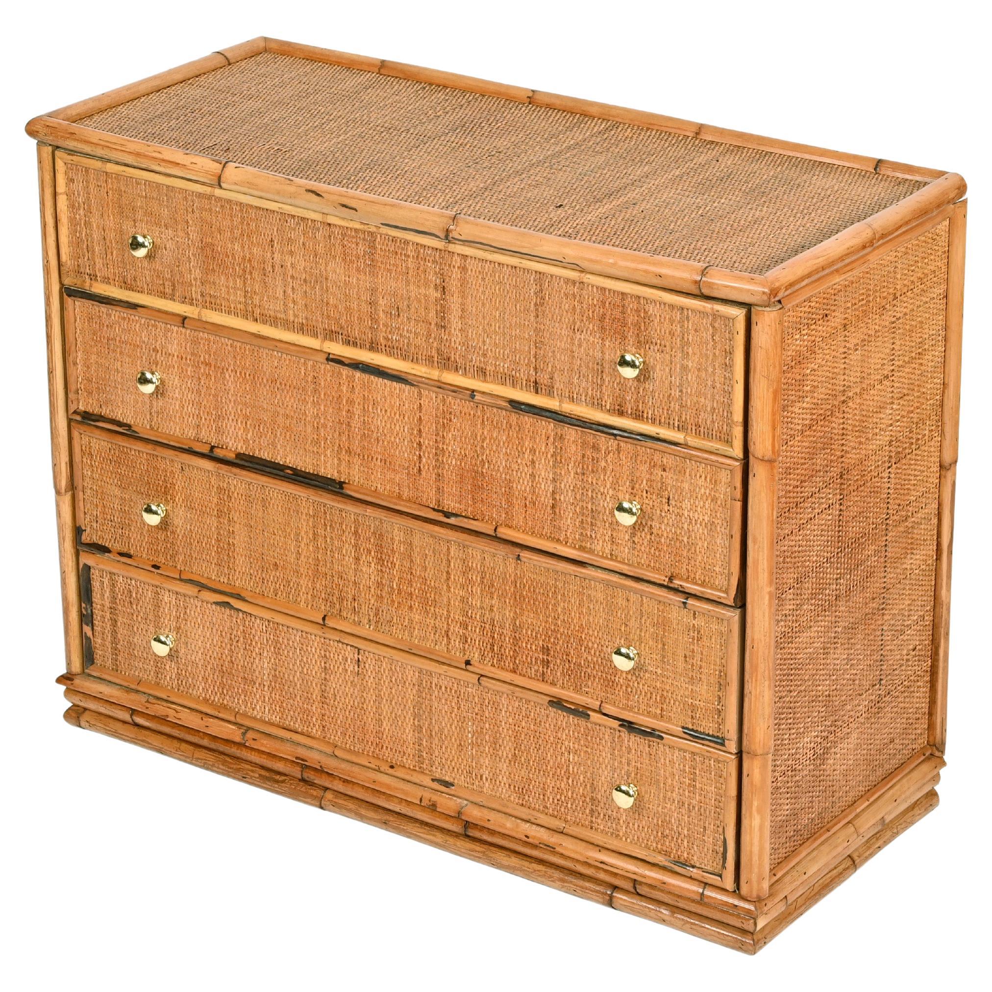 Mid-Century Italian Organic Chest of Drawers in Rattan, Bamboo and Brass, 1970