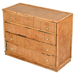 Mid-Century Italian Organic Chest of Drawers in Rattan, Bamboo and Brass, 1970
