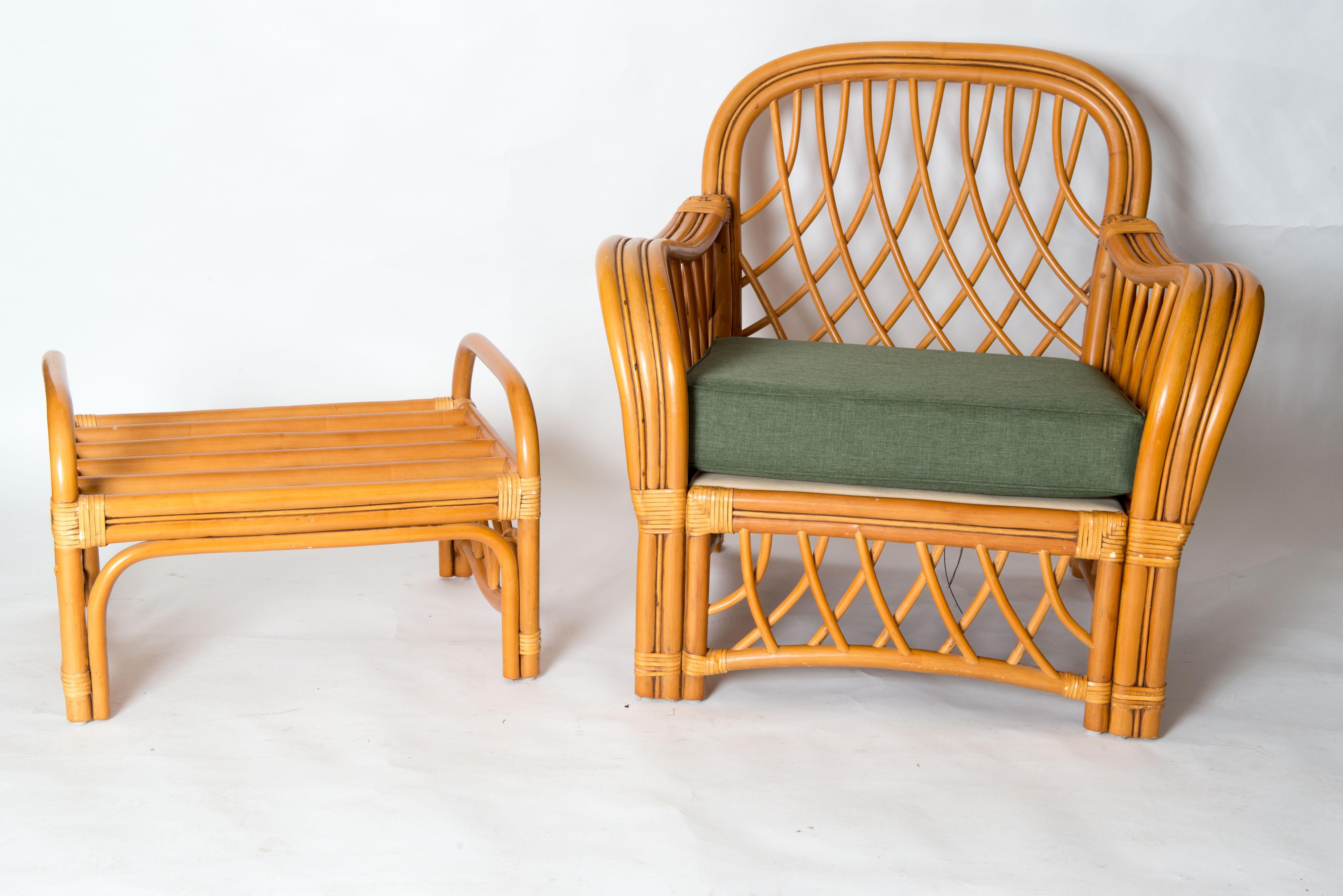 A midcentury, possibly Italian organic modern armchair and ottoman in handcrafted rattan. They are strong and sturdy woven diamond pattern rattan armchair and ottoman. These pieces are in good to excellent condition. This Classic design compliments