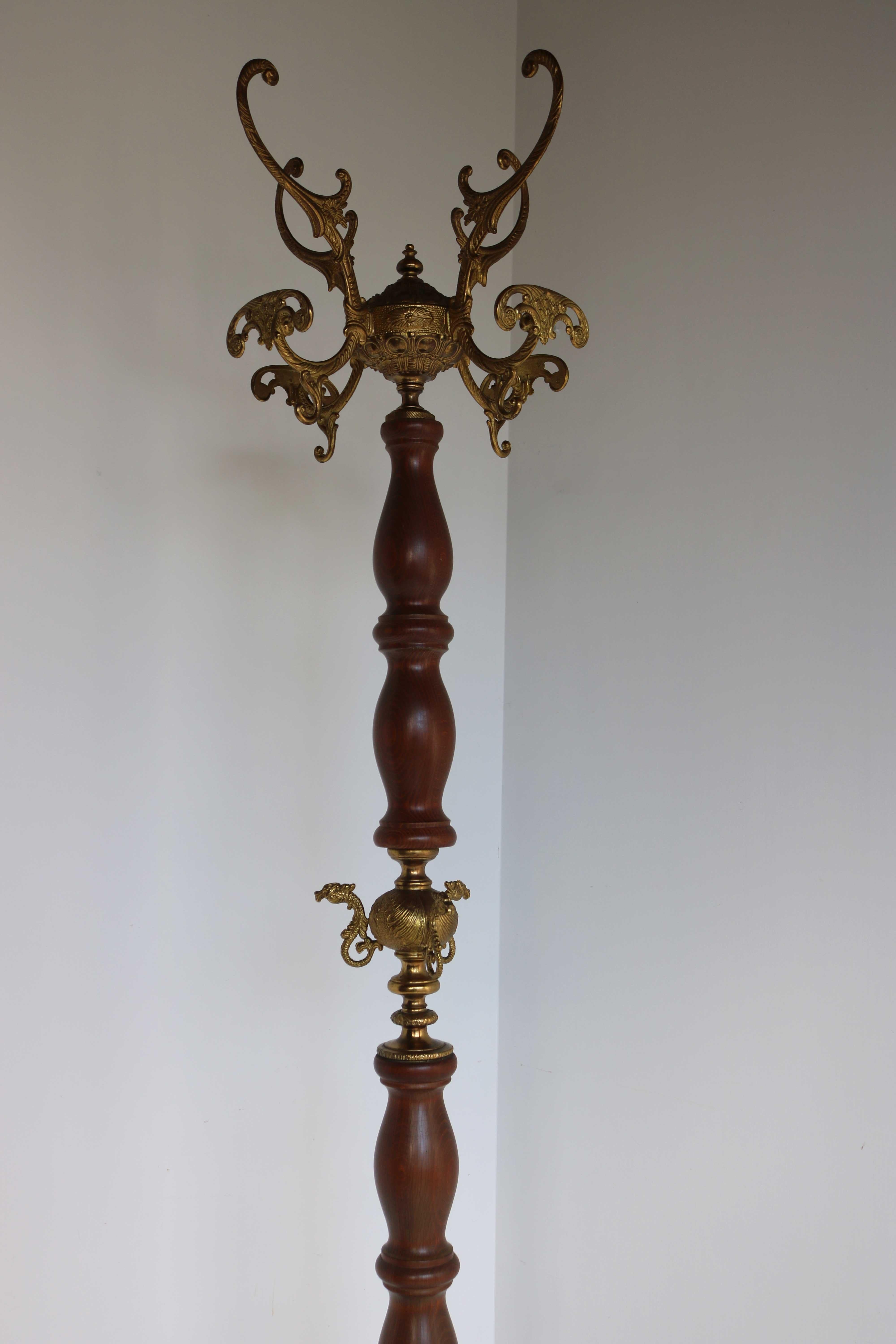 20th Century Mid-Century Italian Ornate Brass And Wood Coat Stand / Hat Rack , 60s Hall Tree For Sale