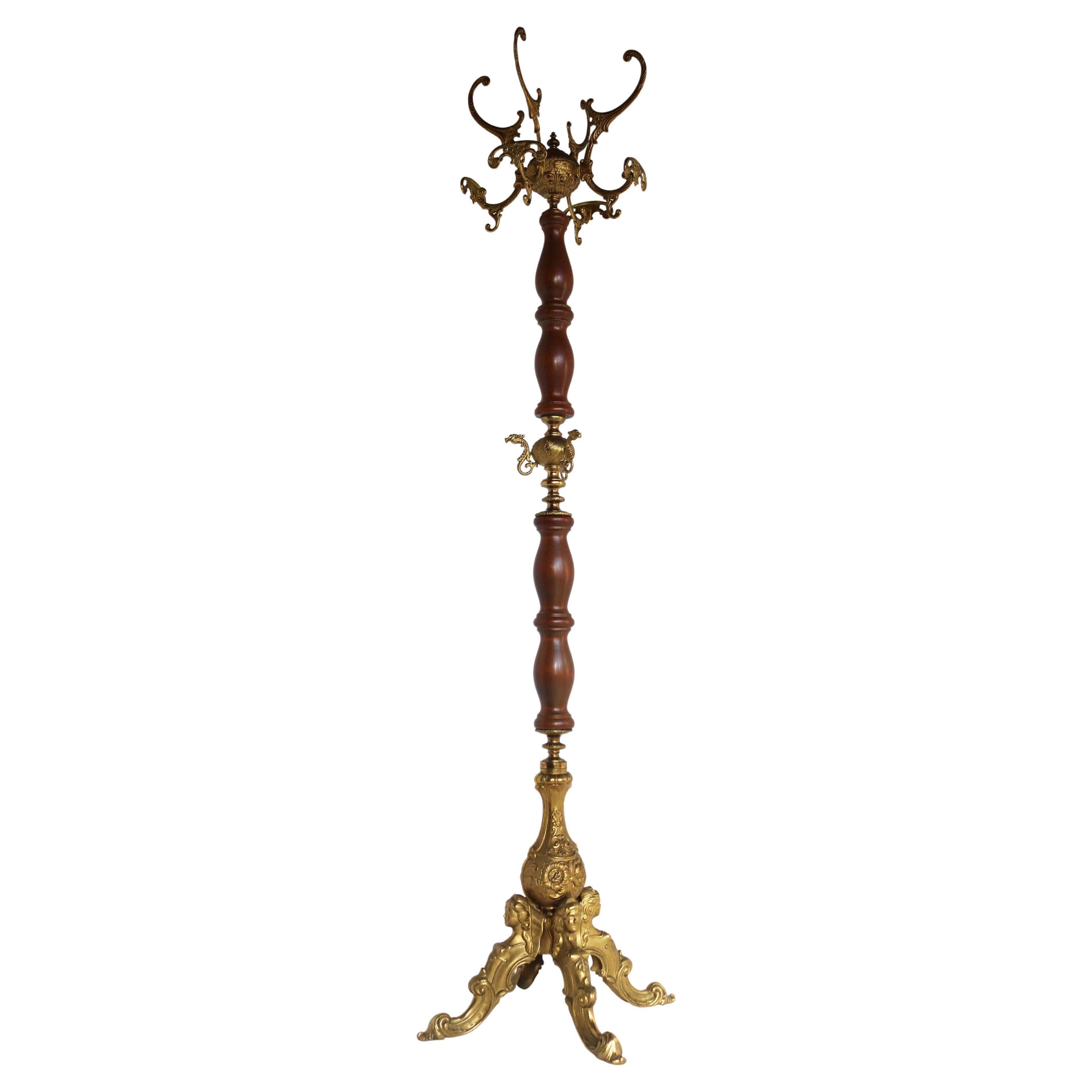 Mid-Century Italian Ornate Brass And Wood Coat Stand / Hat Rack , 60s Hall Tree For Sale