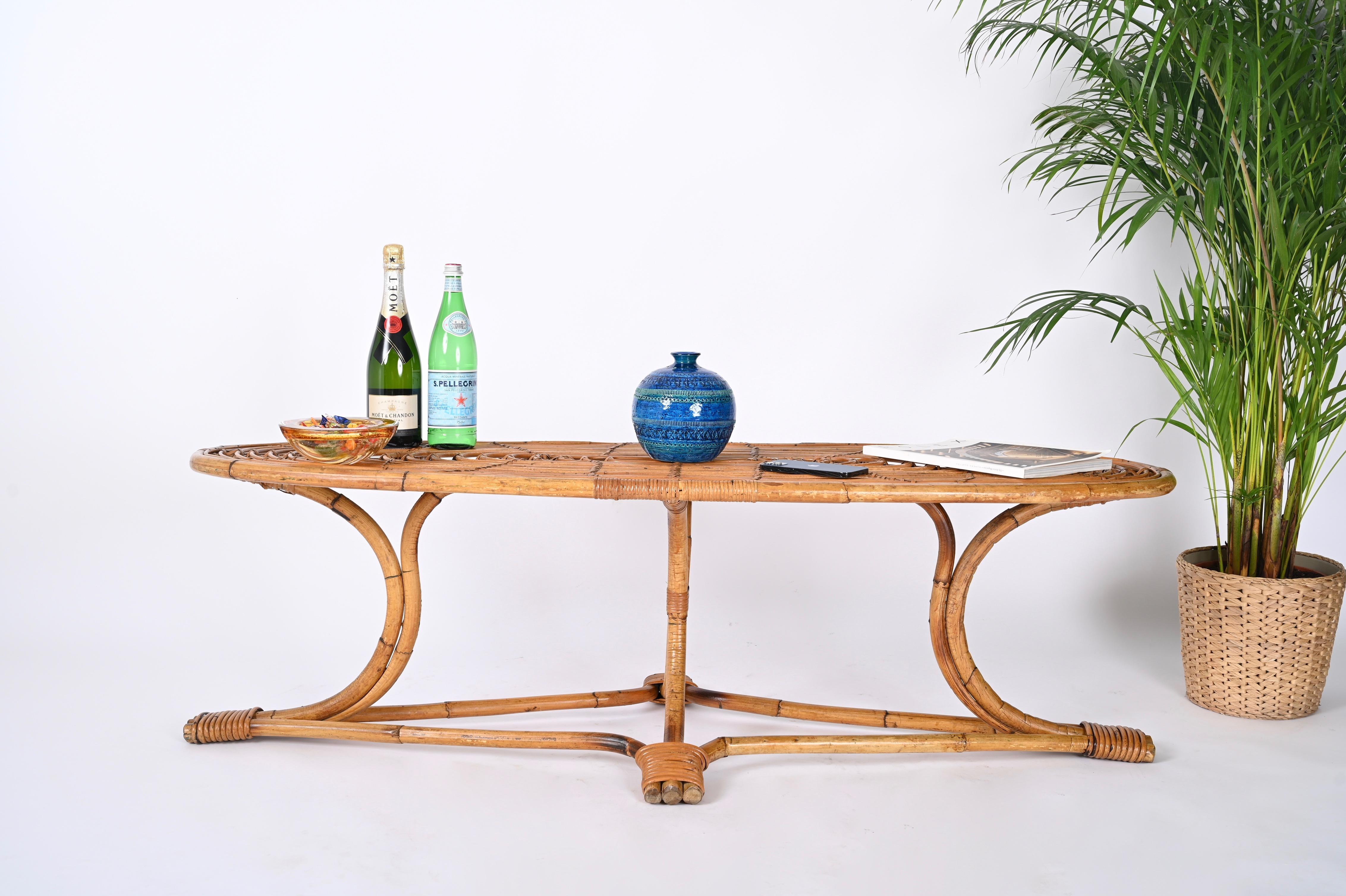 Mid-Century Italian Oval Bamboo and Rattan Coffee Table, Italy 1970s 2