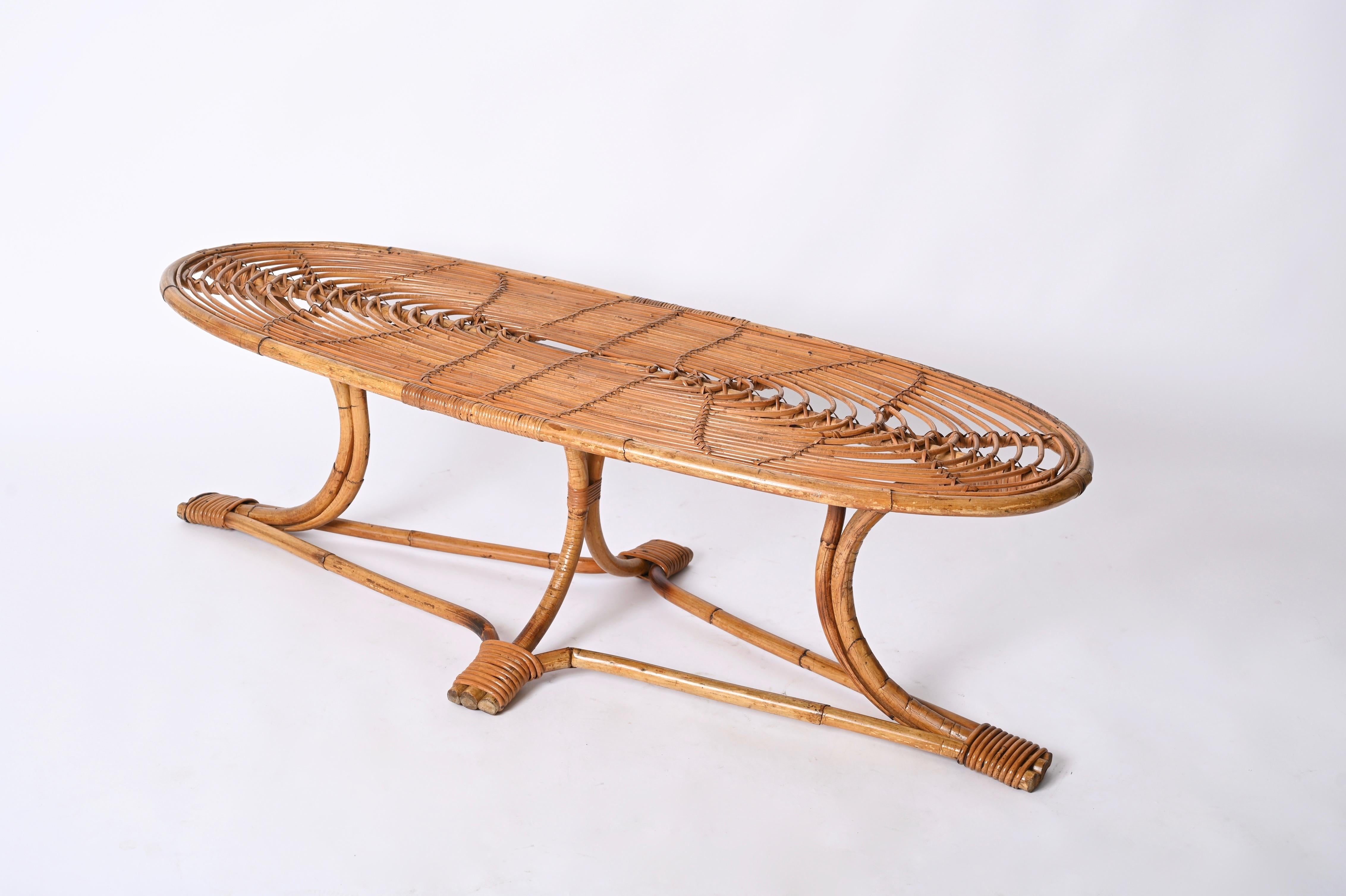 Mid-Century Italian Oval Bamboo and Rattan Coffee Table, Italy 1970s 6