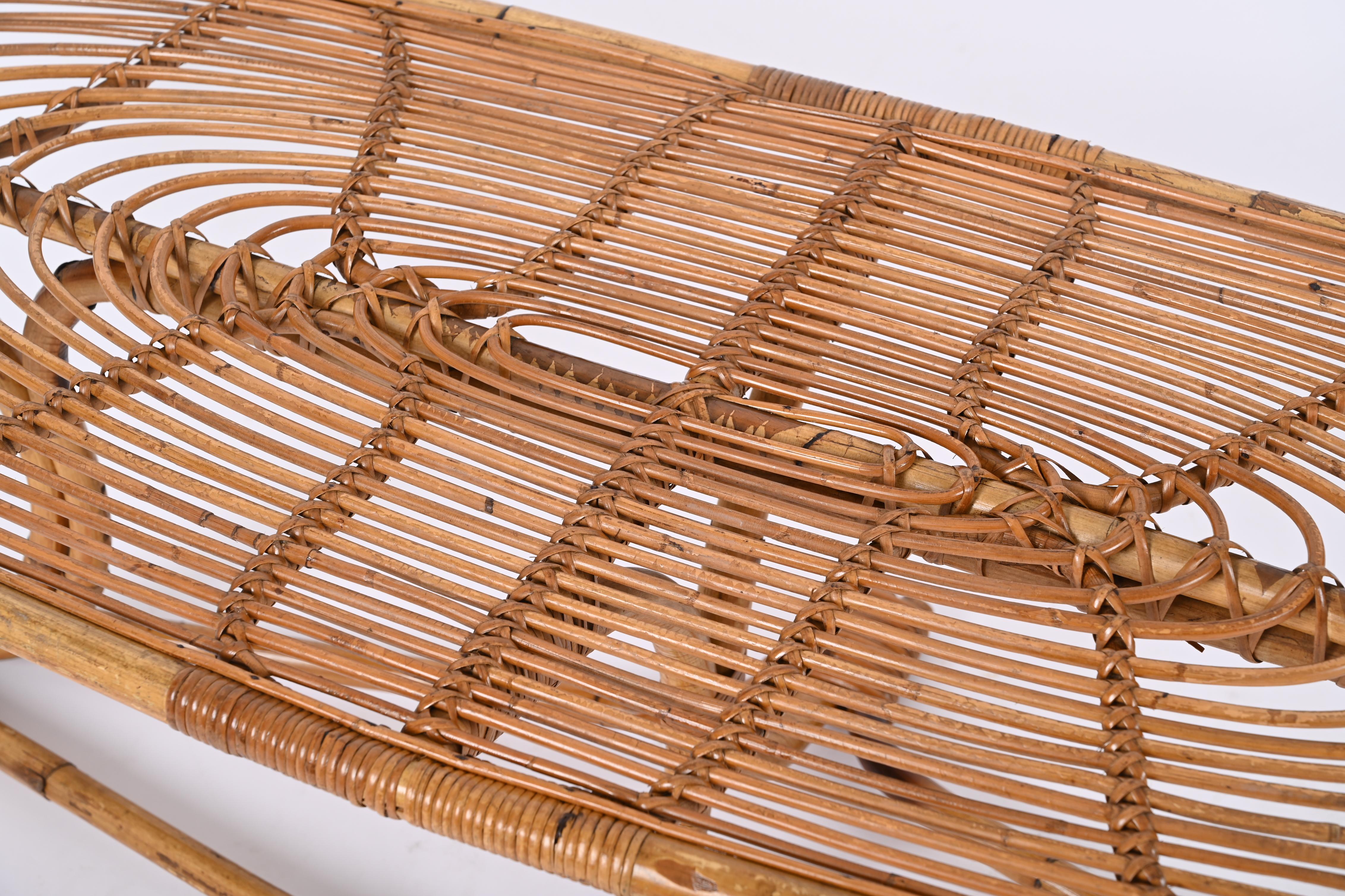 Hand-Woven Mid-Century Italian Oval Bamboo and Rattan Coffee Table, Italy 1970s
