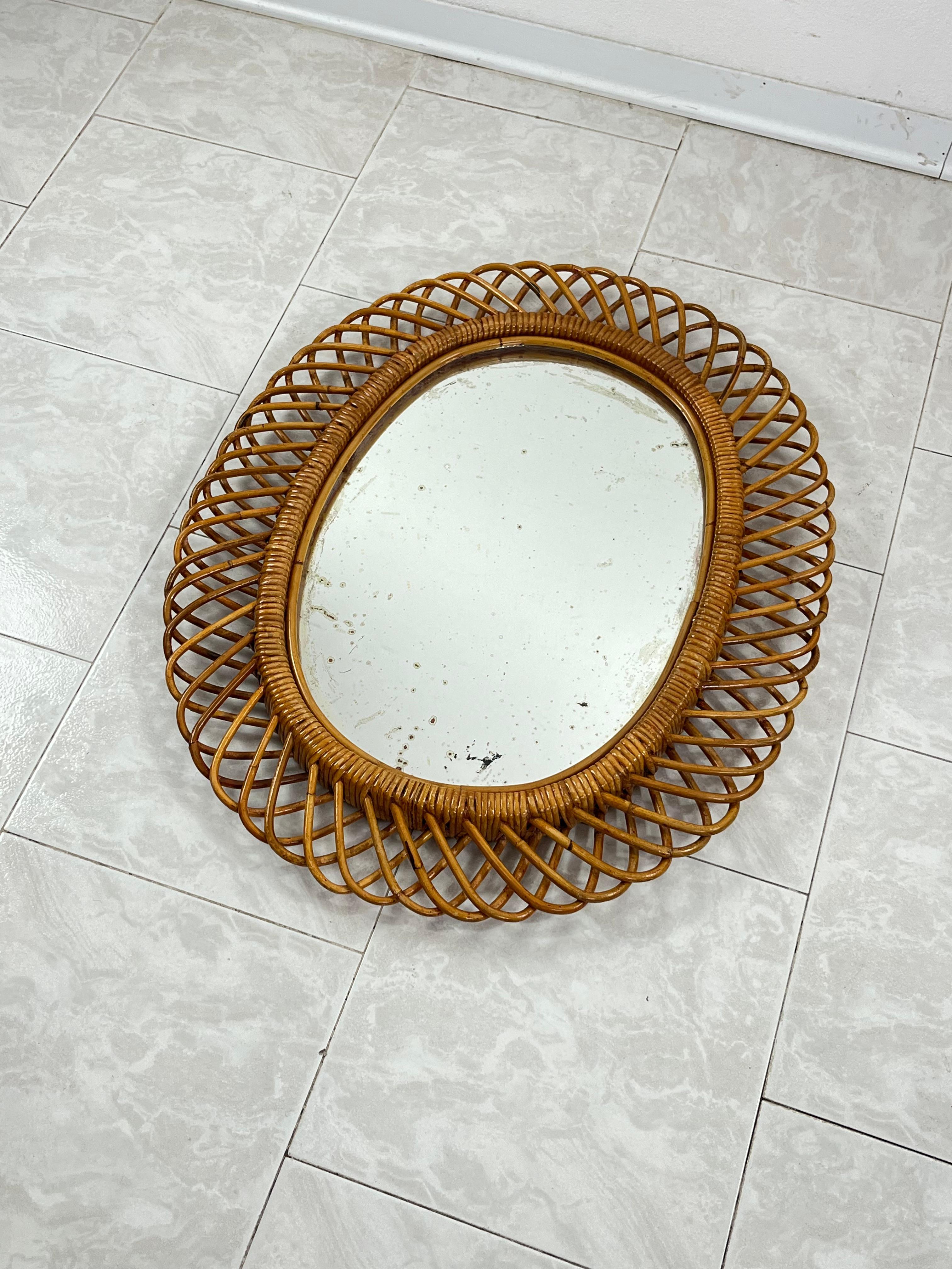 Mid-20th Century Mid-Century Italian Oval Bamboo Mirror, 1960s For Sale