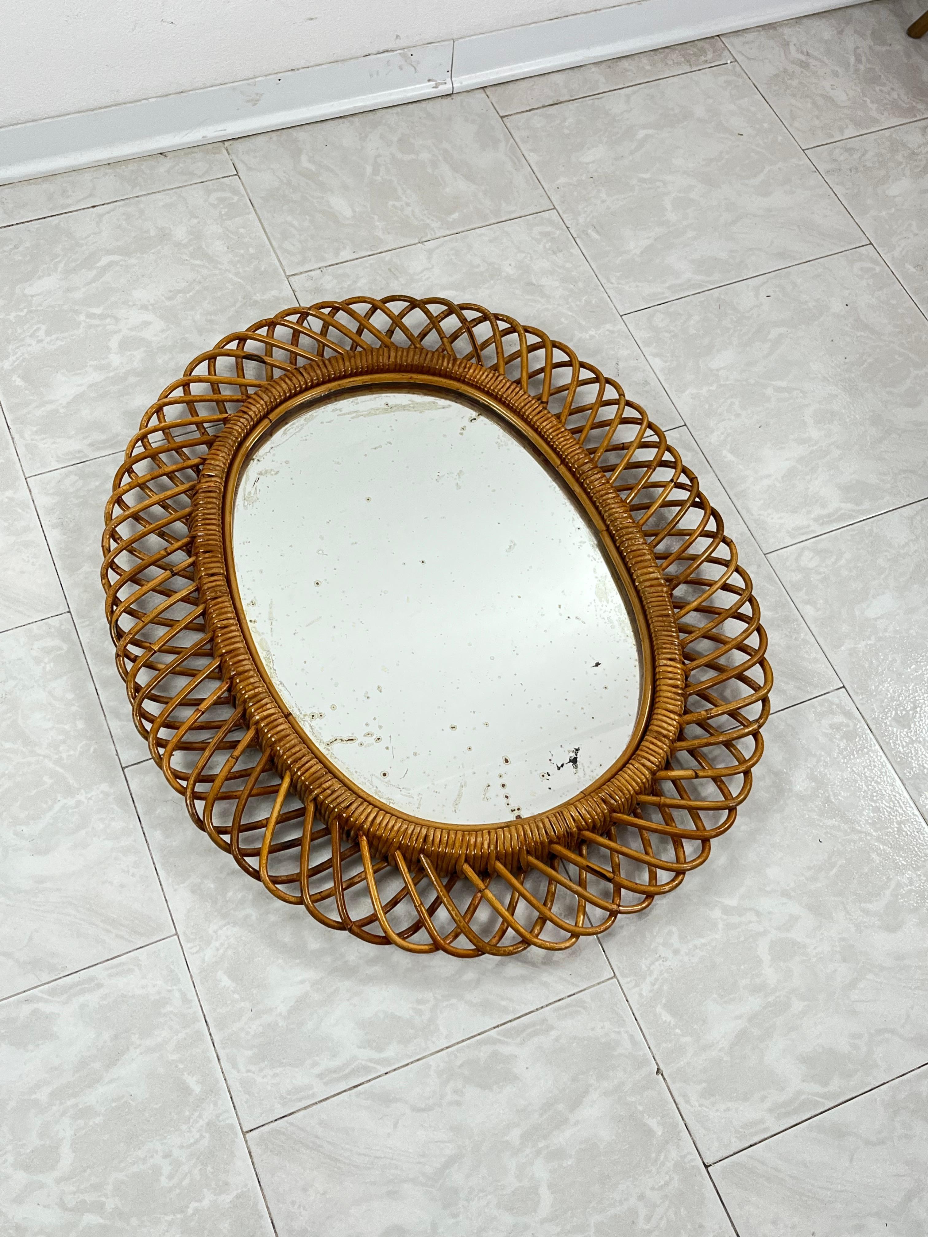 Mid-Century Italian Oval Bamboo Mirror, 1960s For Sale 1