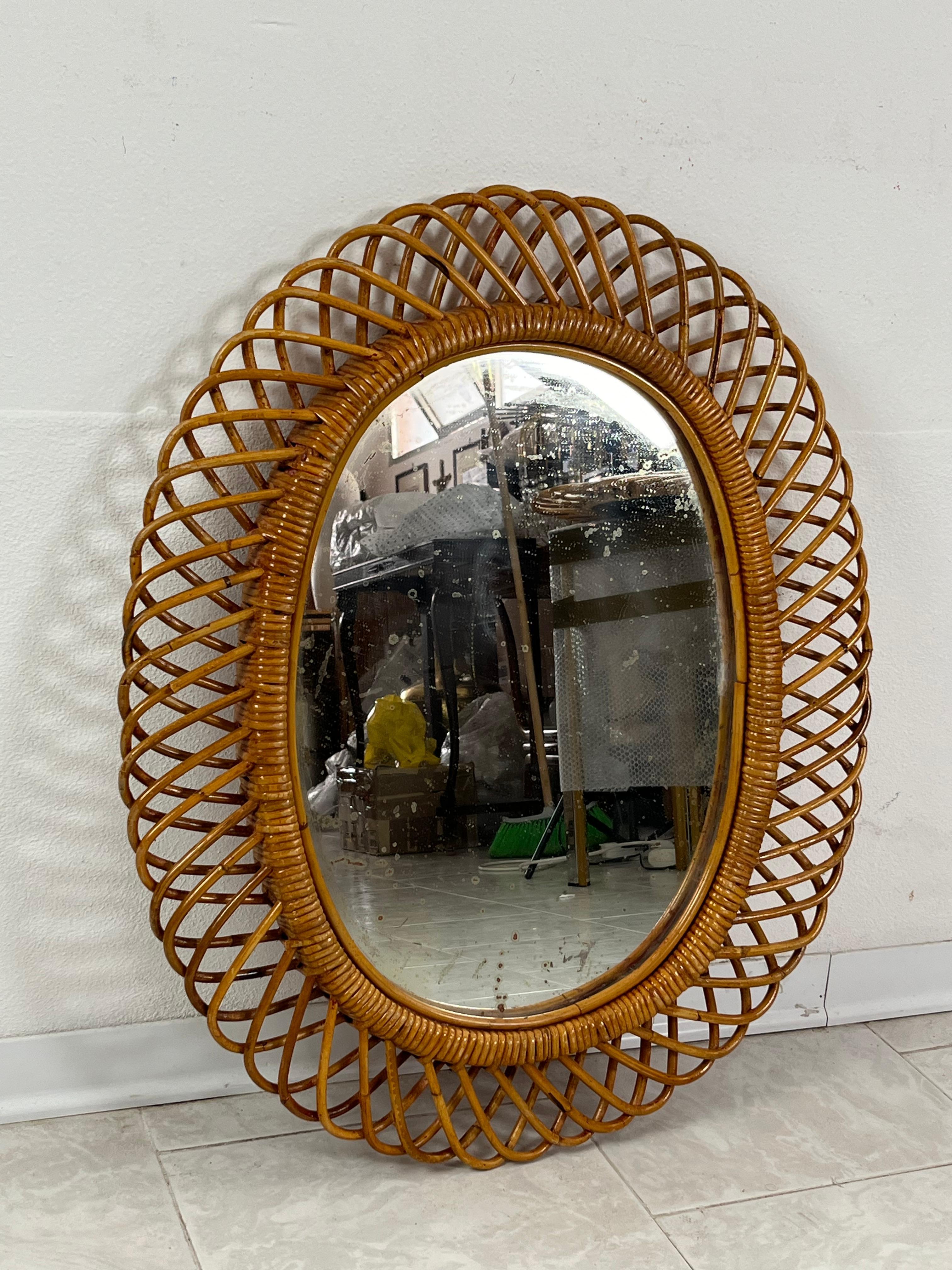 Mid-Century Italian Oval Bamboo Mirror, 1960s For Sale 2