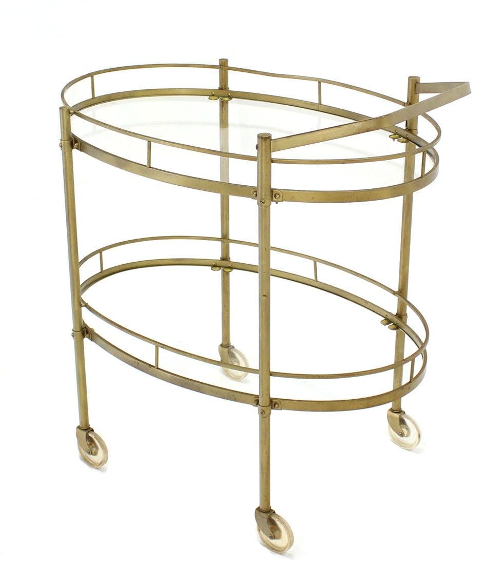 Mid-Century Modern Mid Century Italian Oval Brass and Glass Two Tier Tea Bar Cart on Wheels MINT! For Sale