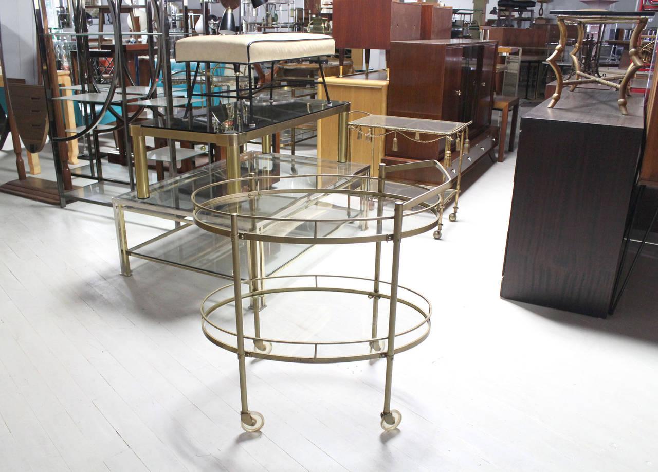 American Mid Century Italian Oval Brass and Glass Two Tier Tea Bar Cart on Wheels MINT! For Sale
