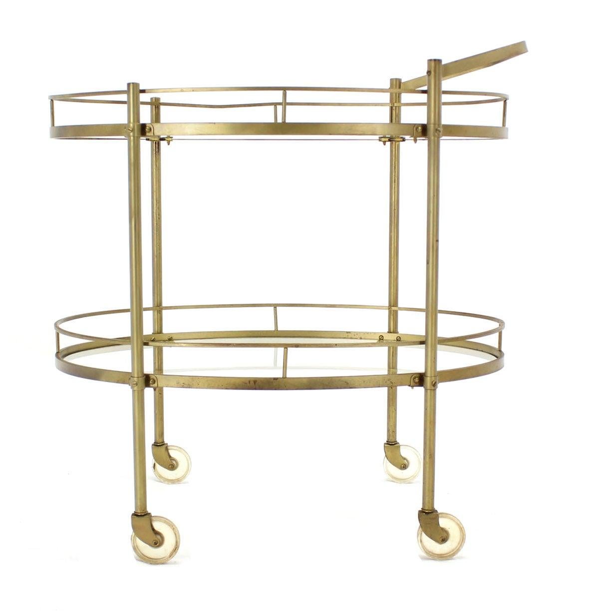 Polished Mid Century Italian Oval Brass and Glass Two Tier Tea Bar Cart on Wheels MINT! For Sale