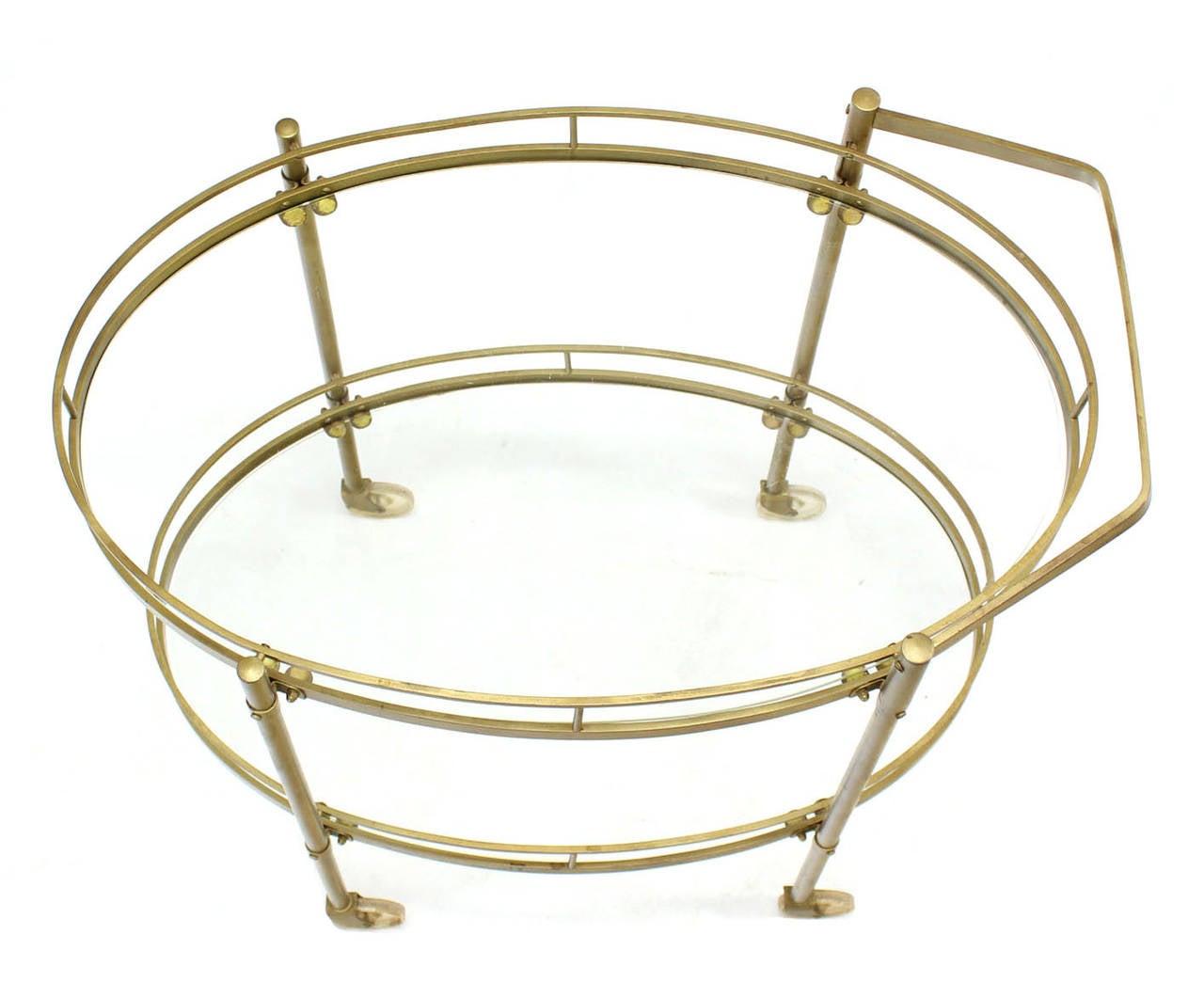 Mid Century Italian Oval Brass and Glass Two Tier Tea Bar Cart on Wheels MINT! In Good Condition For Sale In Rockaway, NJ
