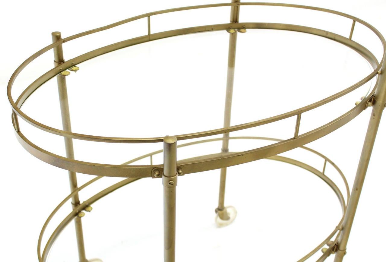 20th Century Mid Century Italian Oval Brass and Glass Two Tier Tea Bar Cart on Wheels MINT!
