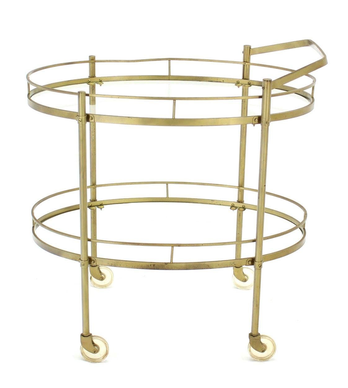 Mid Century Italian Oval Brass and Glass Two Tier Tea Bar Cart on Wheels MINT! 1