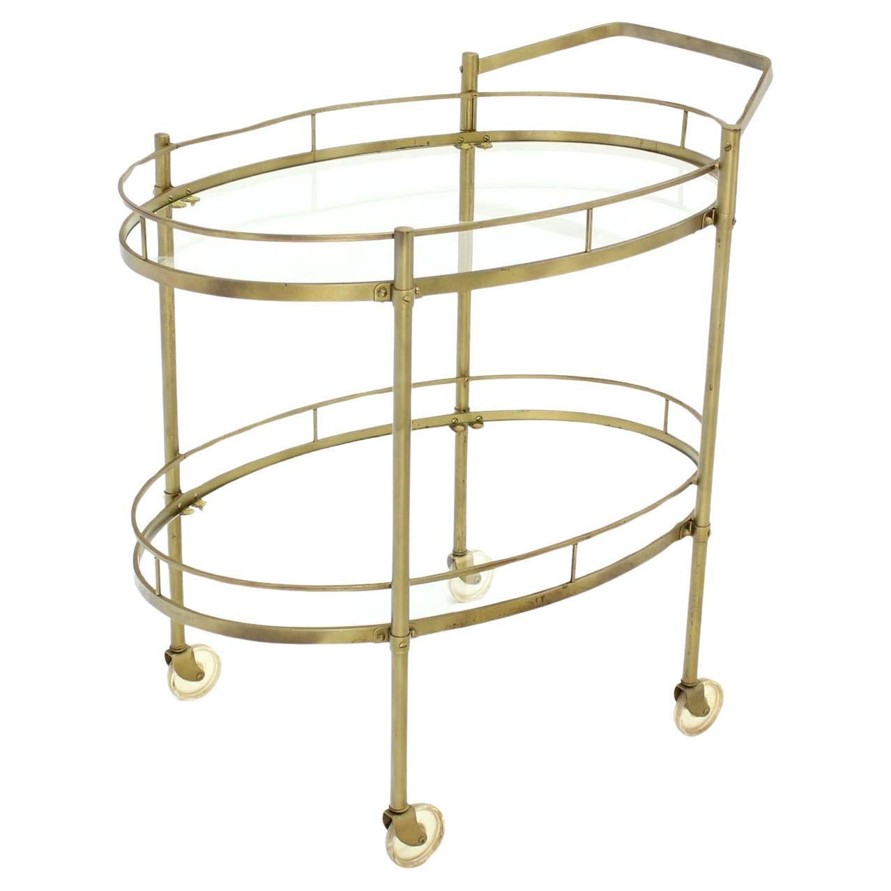 Mid Century Italian Oval Brass and Glass Two Tier Tea Bar Cart on Wheels MINT! For Sale