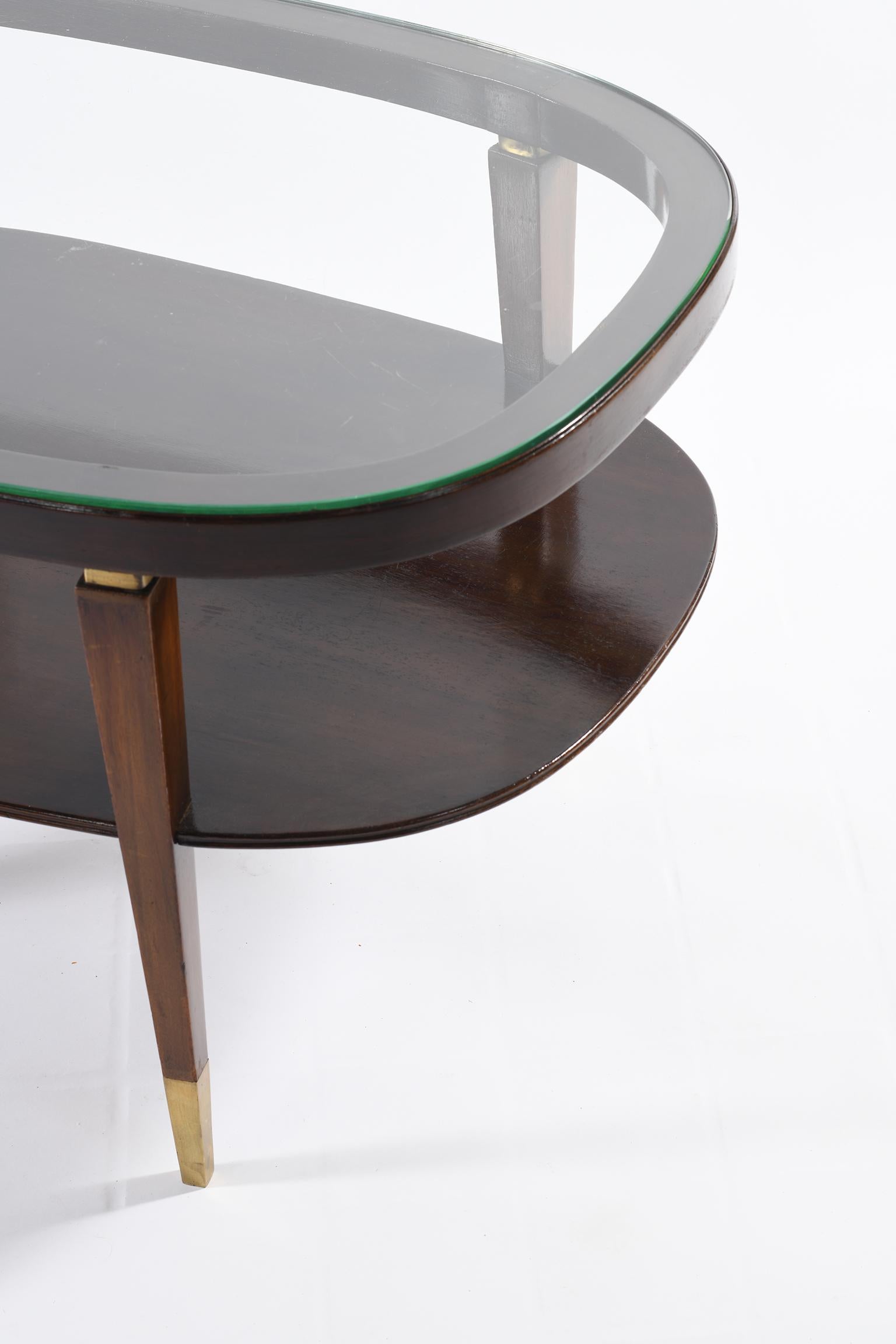 Midcentury Italian Oval Double Shelf Coffee Table Brass Details For Sale 4
